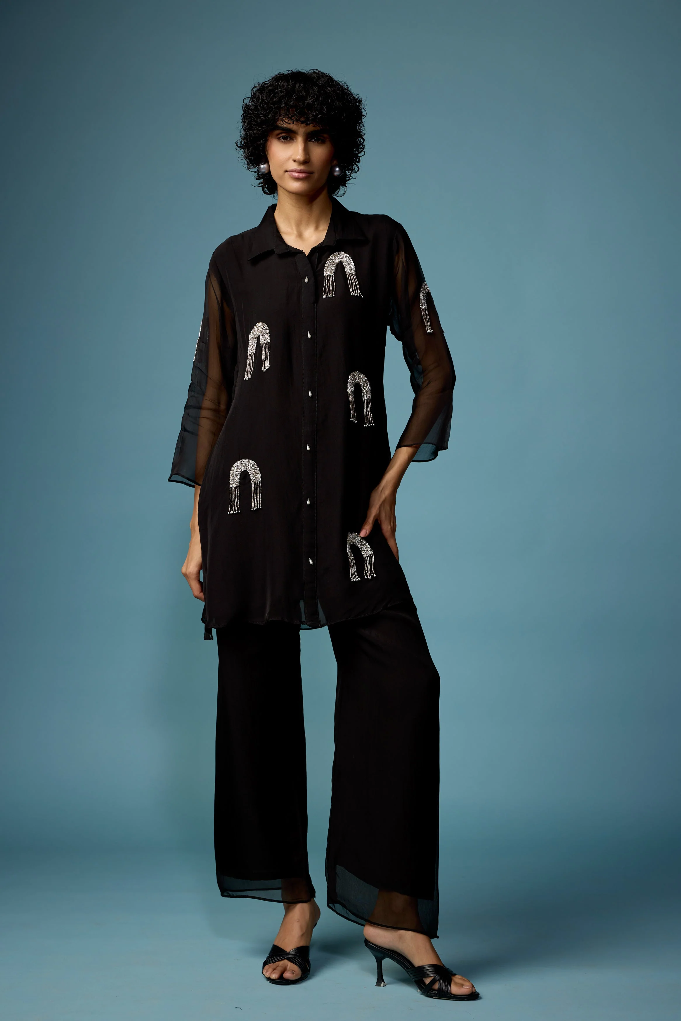 Classic Black Embellished Soft Organza Silk Co-Ord Set - Image 5
