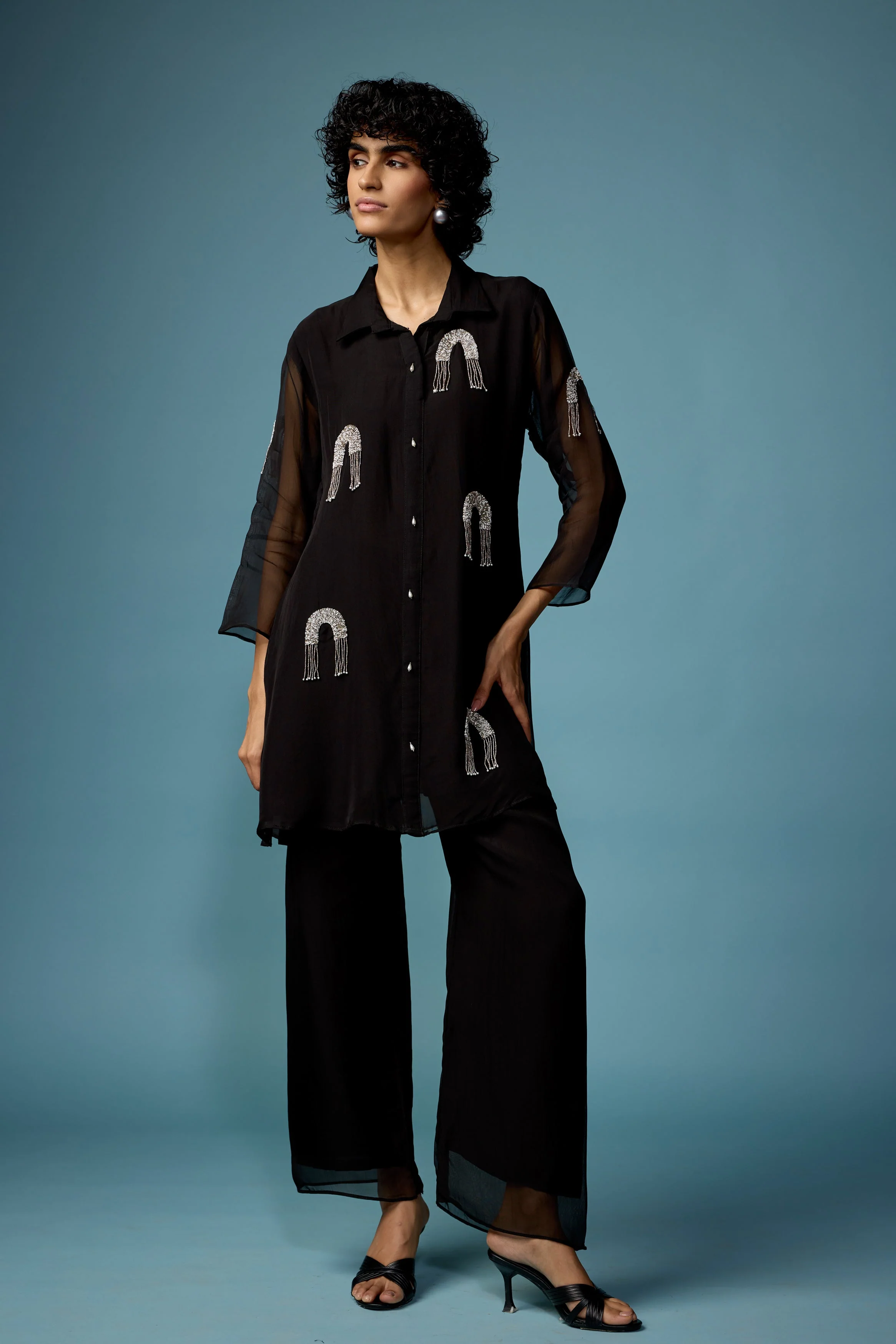 Classic Black Embellished Soft Organza Silk Co-Ord Set - Image 6