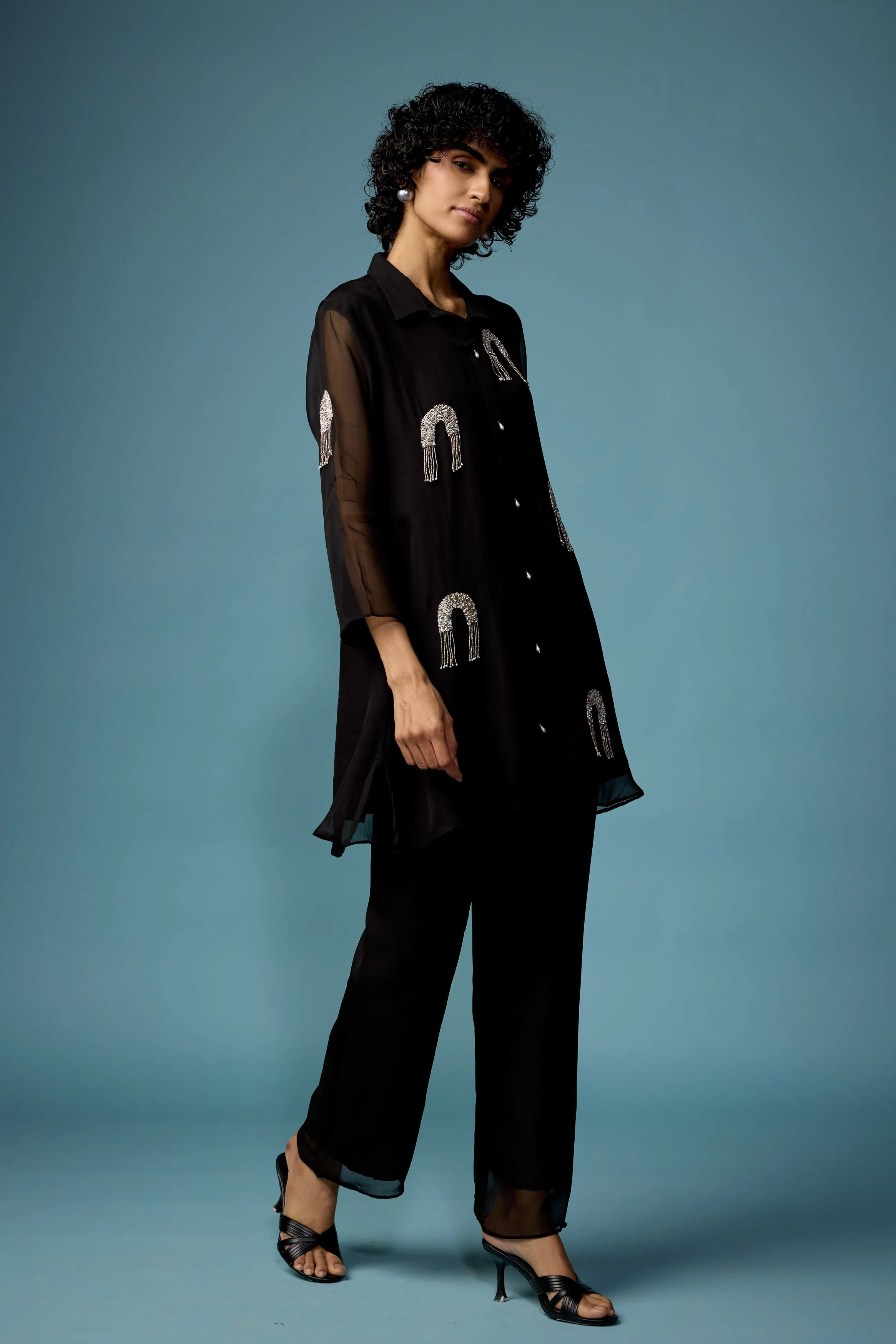 Classic Black Embellished Soft Organza Silk Co-Ord Set - Image 7
