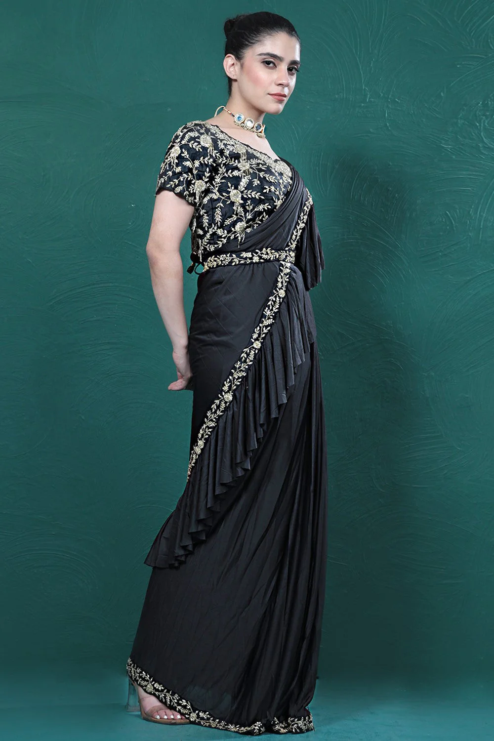 Black Embellished Spandex Saree - Image 2