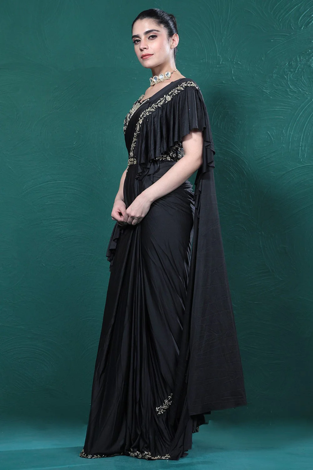 Black Embellished Spandex Saree - Image 3