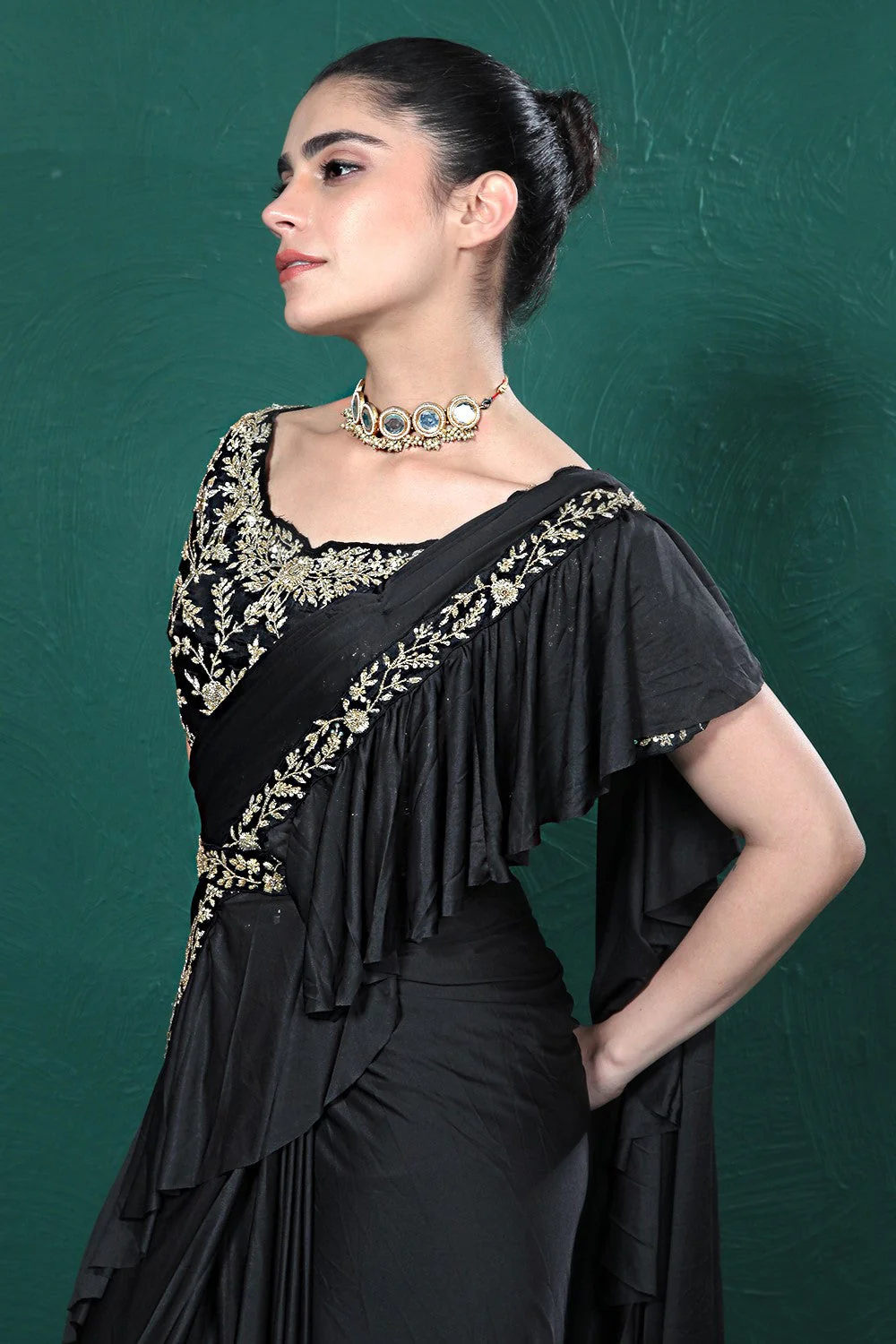 Black Embellished Spandex Saree - Image 7