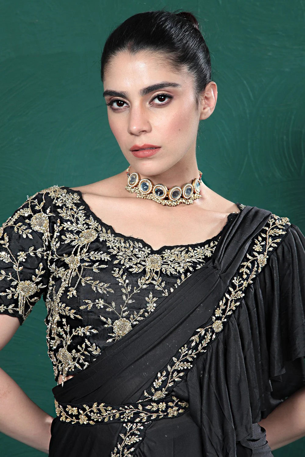 Black Embellished Spandex Saree - Image 8