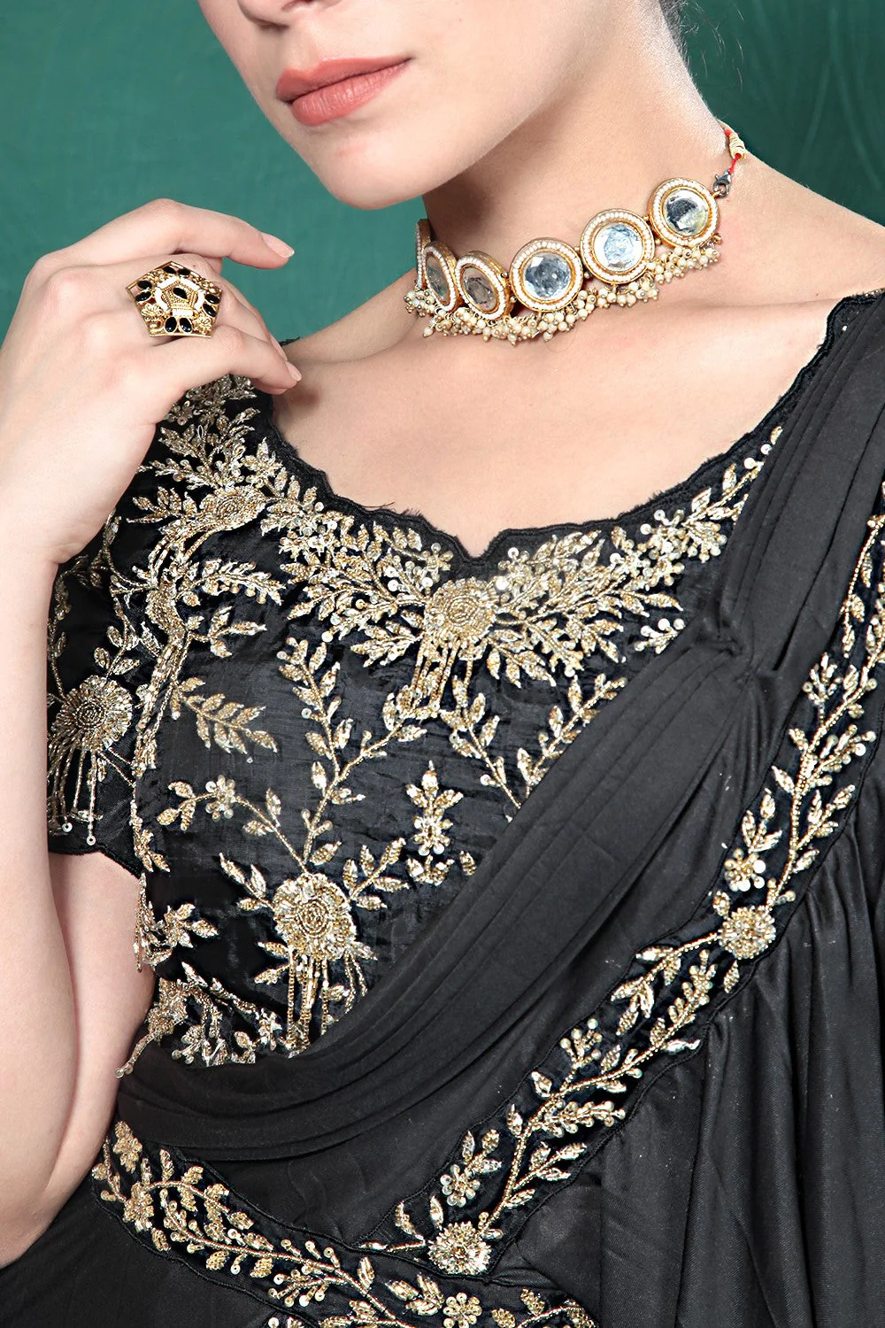 Black Embellished Spandex Saree - Image 9