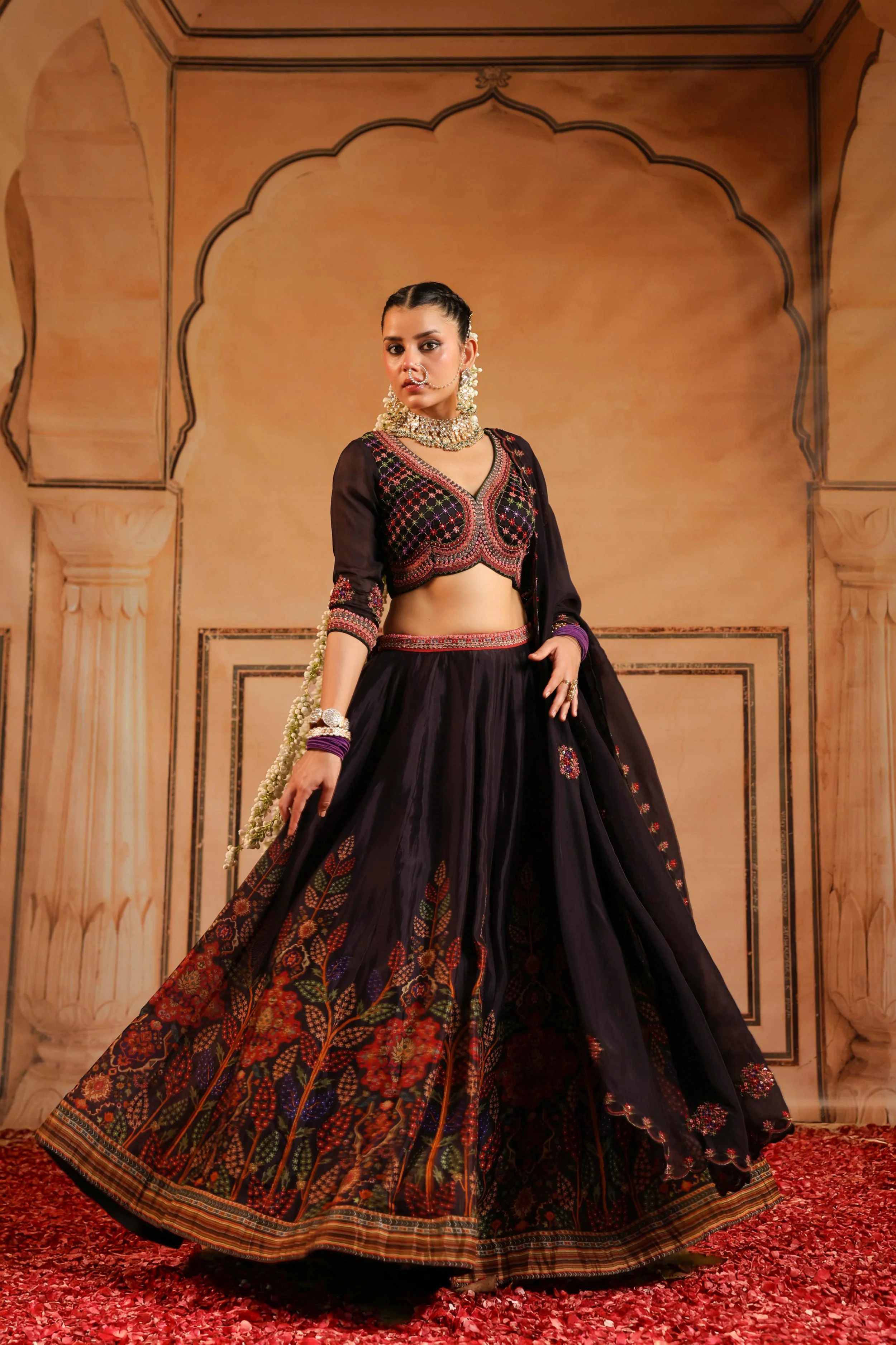 Black Embellished Organdi Silk Lehenga Set - Image 3