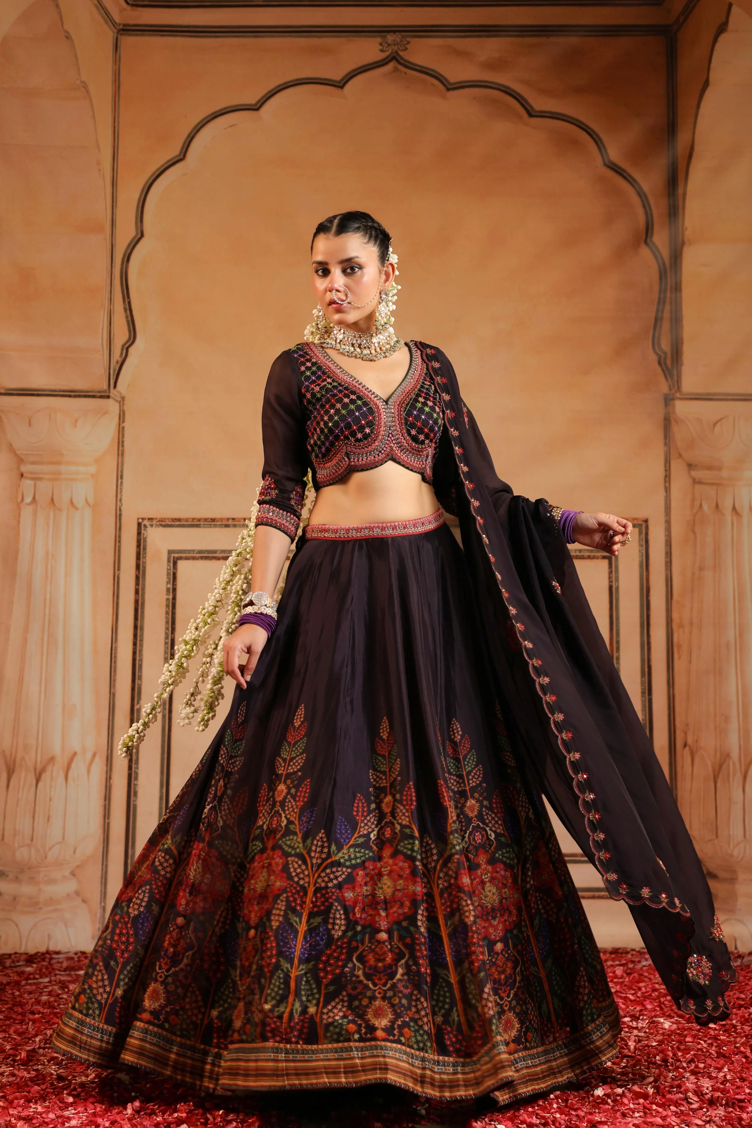 Black Embellished Organdi Silk Lehenga Set - Image 4