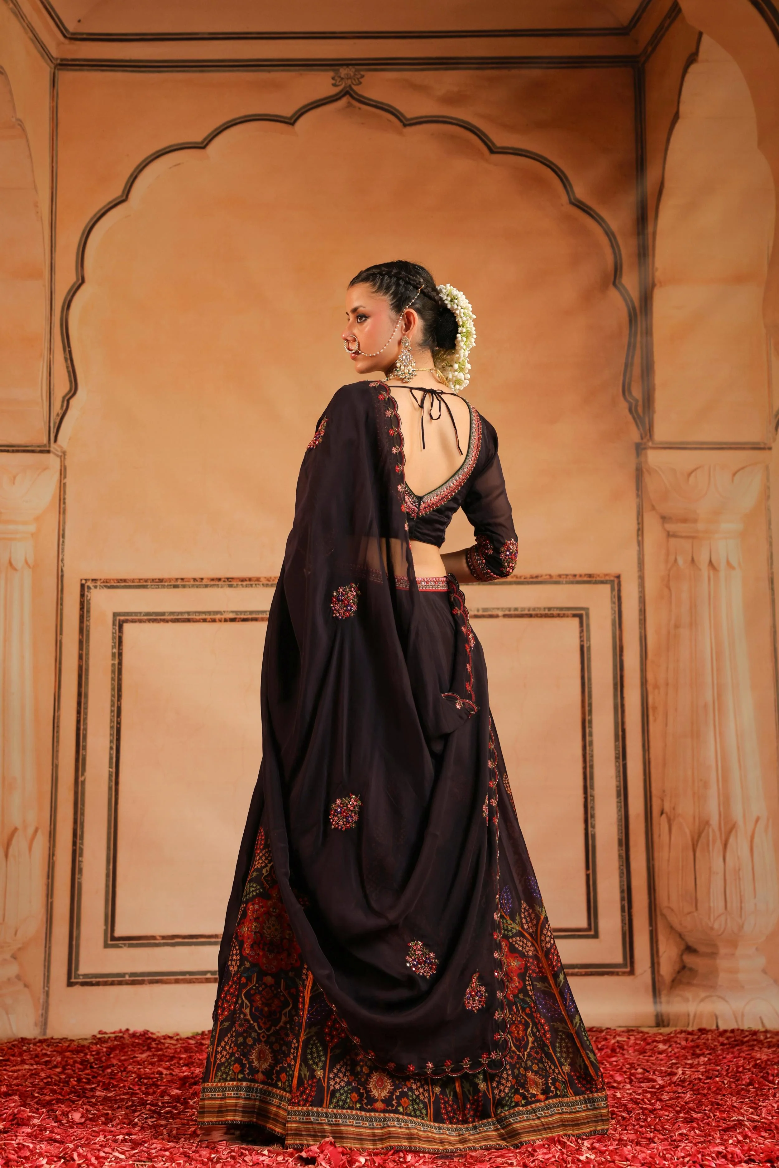 Black Embellished Organdi Silk Lehenga Set - Image 5