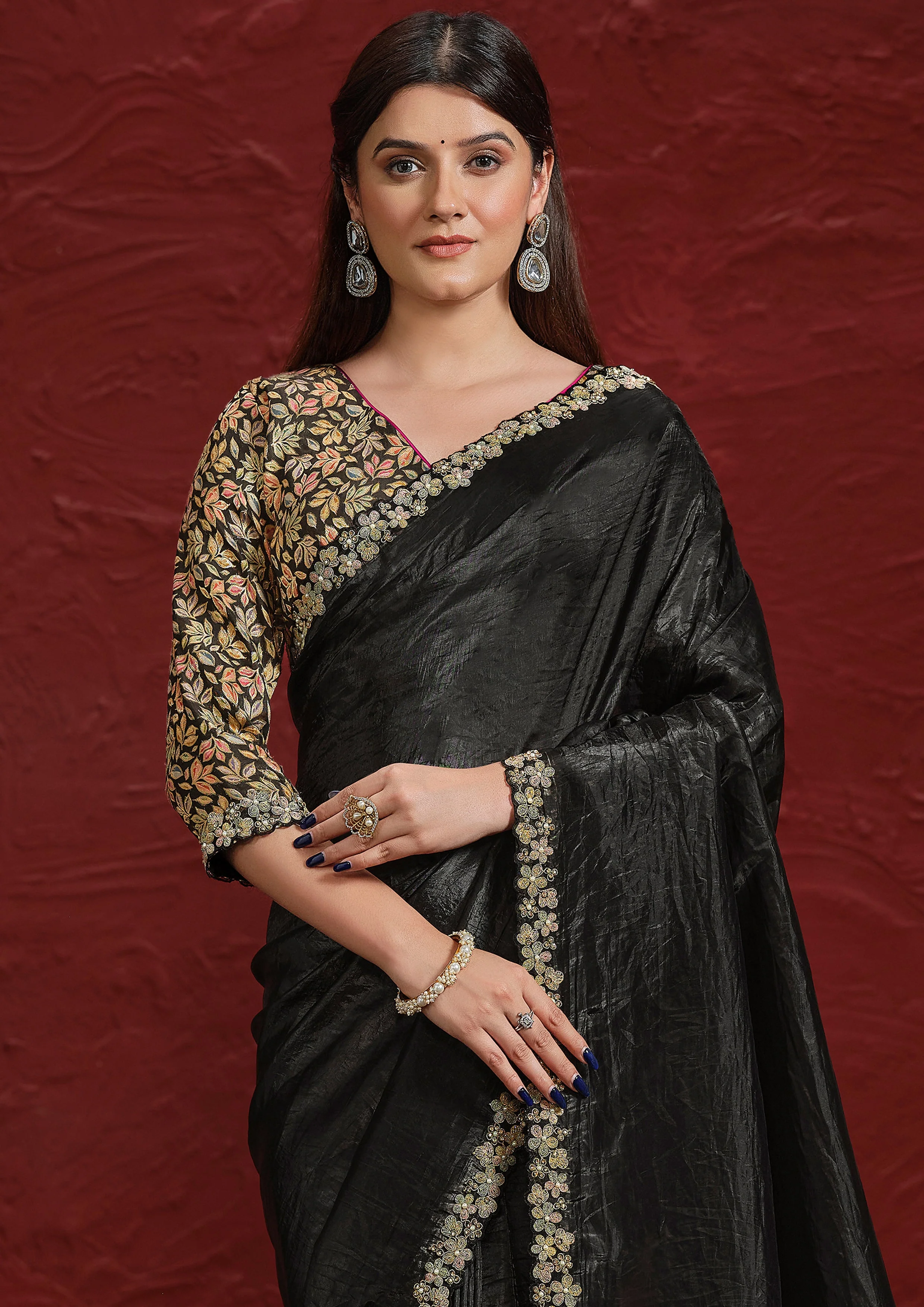Obsidian Black Embroidered Paper Silk Saree - Image 2