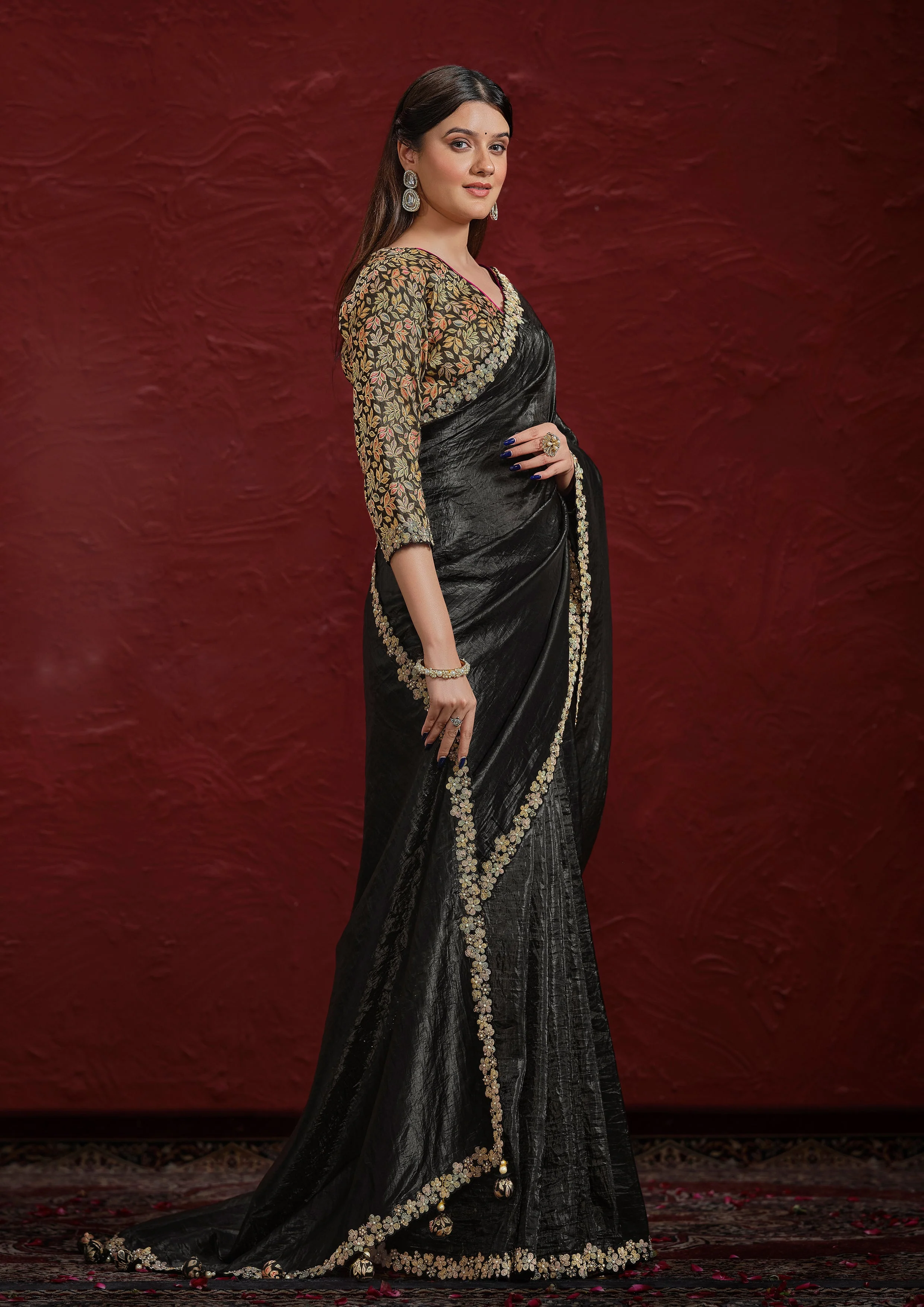 Obsidian Black Embroidered Paper Silk Saree - Image 3