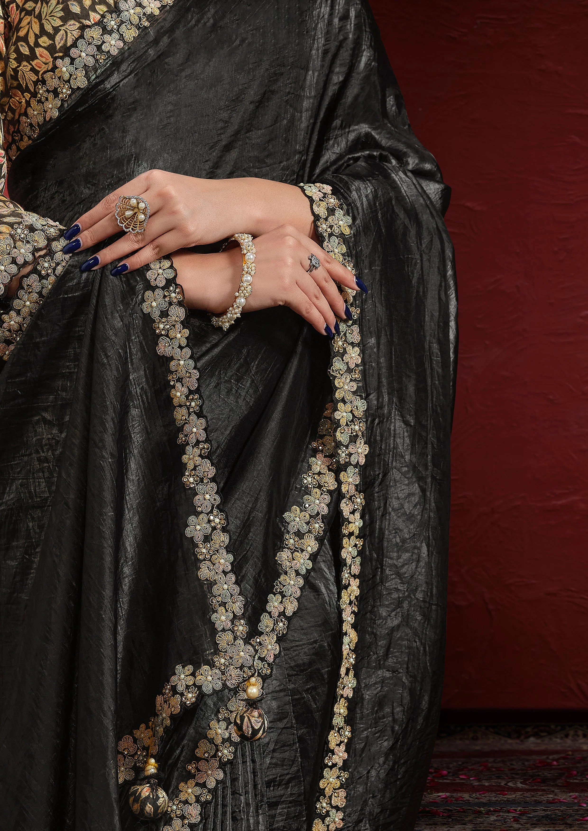 Obsidian Black Embroidered Paper Silk Saree - Image 4