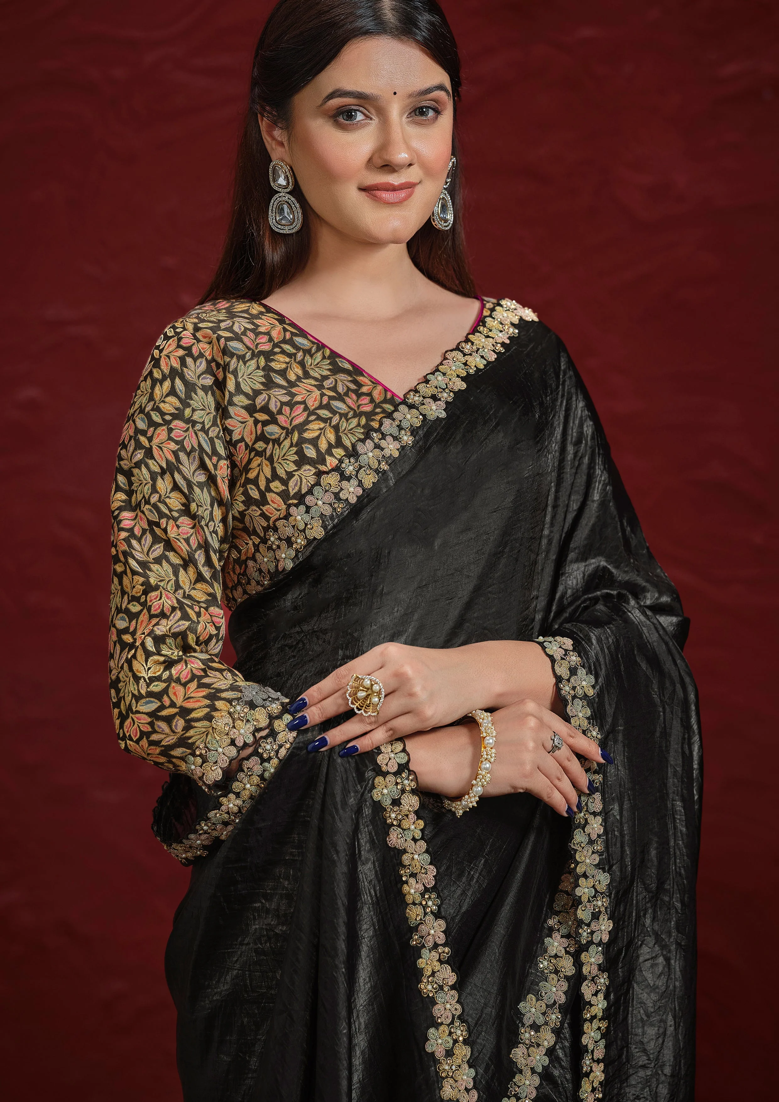Obsidian Black Embroidered Paper Silk Saree - Image 5