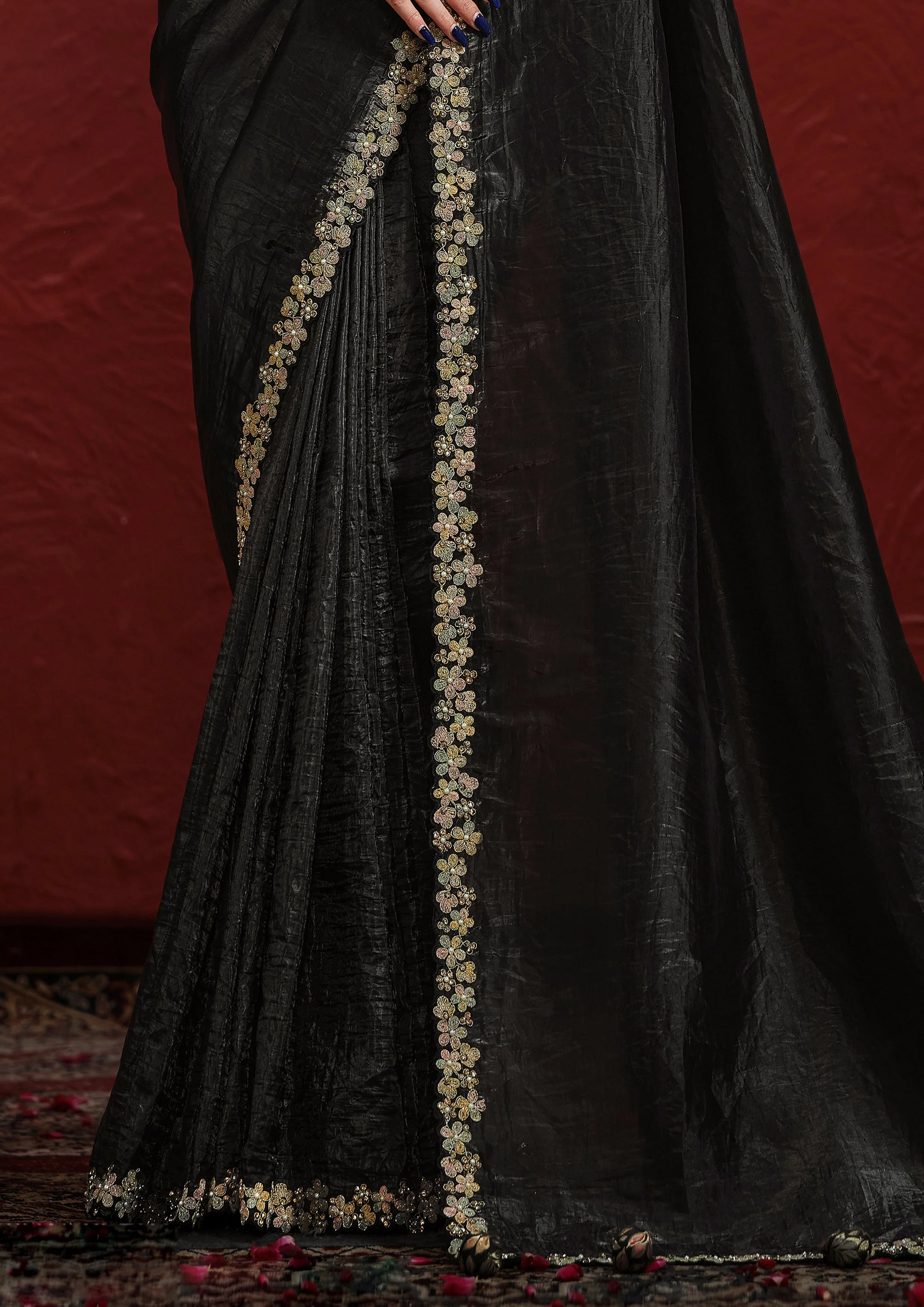 Obsidian Black Embroidered Paper Silk Saree - Image 6