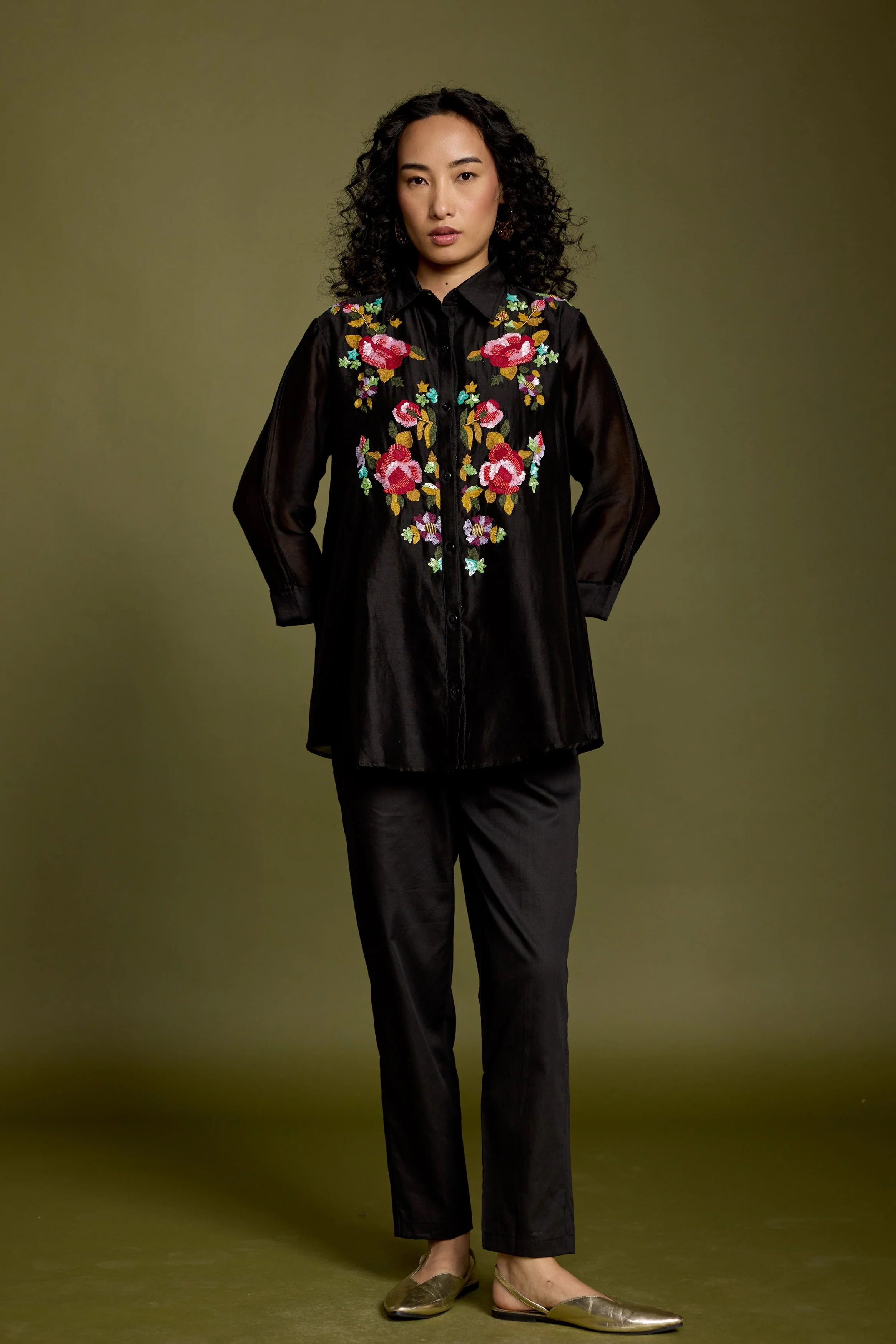 Black Embroidered Premium Silk Co-Ord Set - Image 4