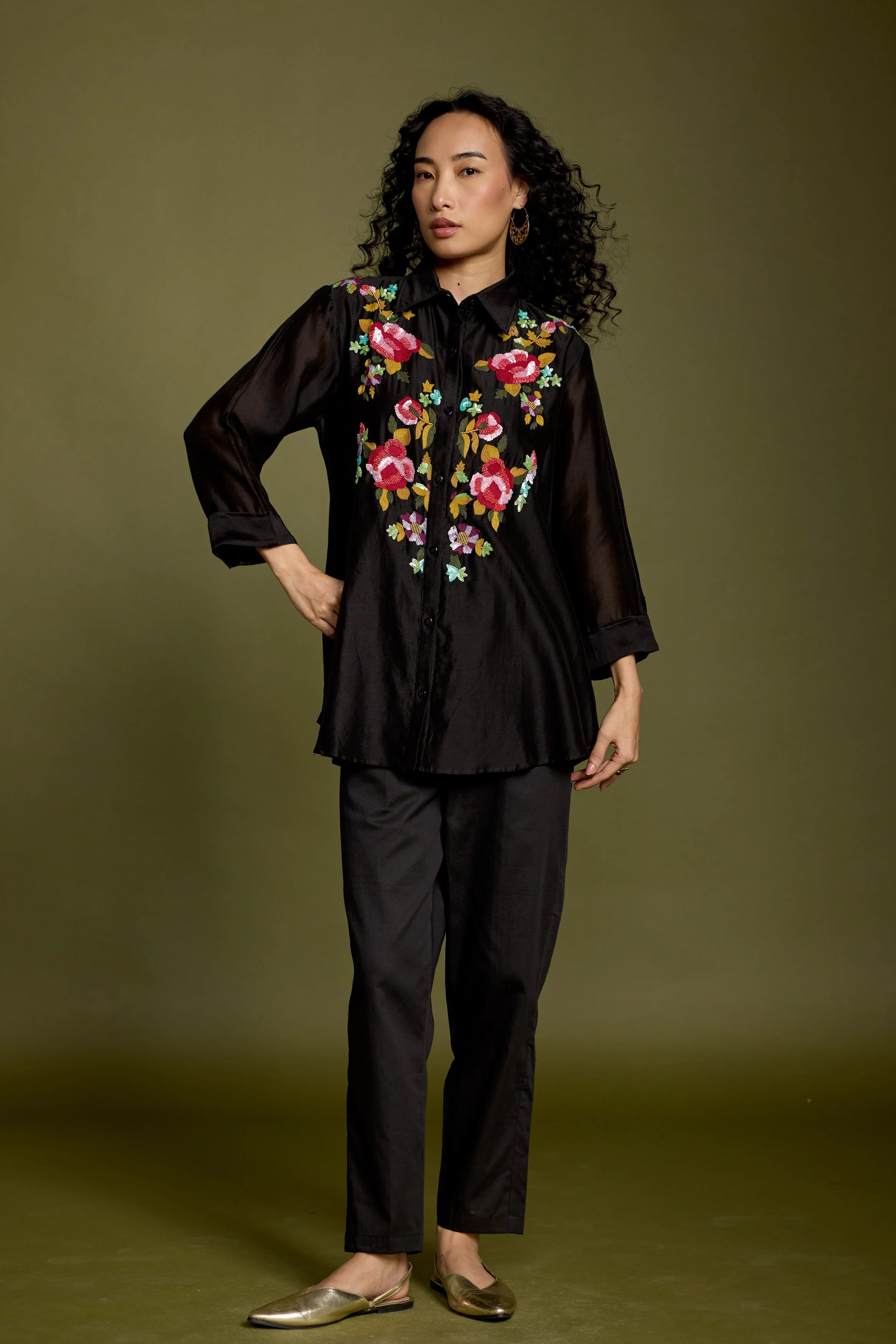 Black Embroidered Premium Silk Co-Ord Set - Image 5
