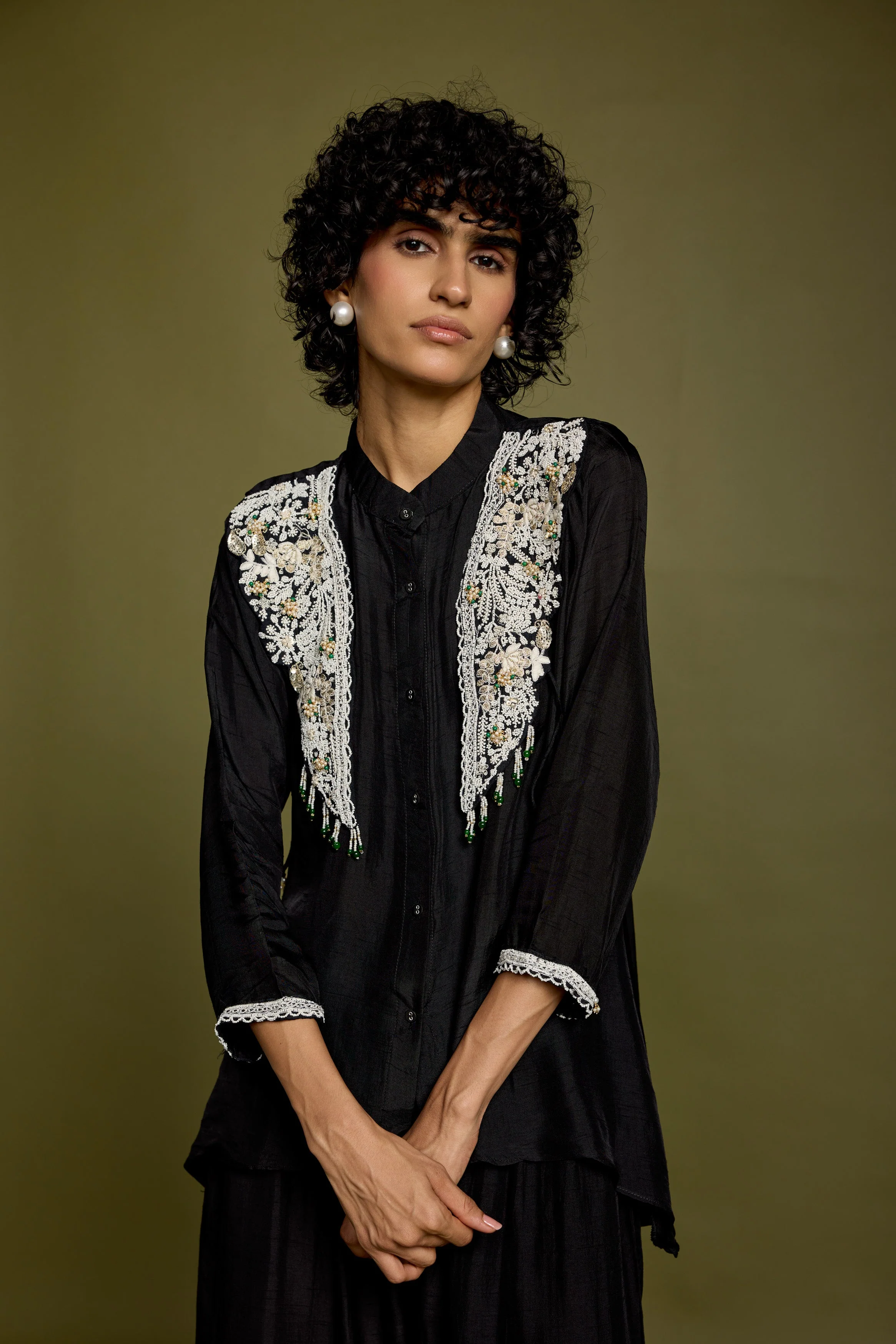 Rich Black Embellished Raw Silk Co-Ord Set - Image 3