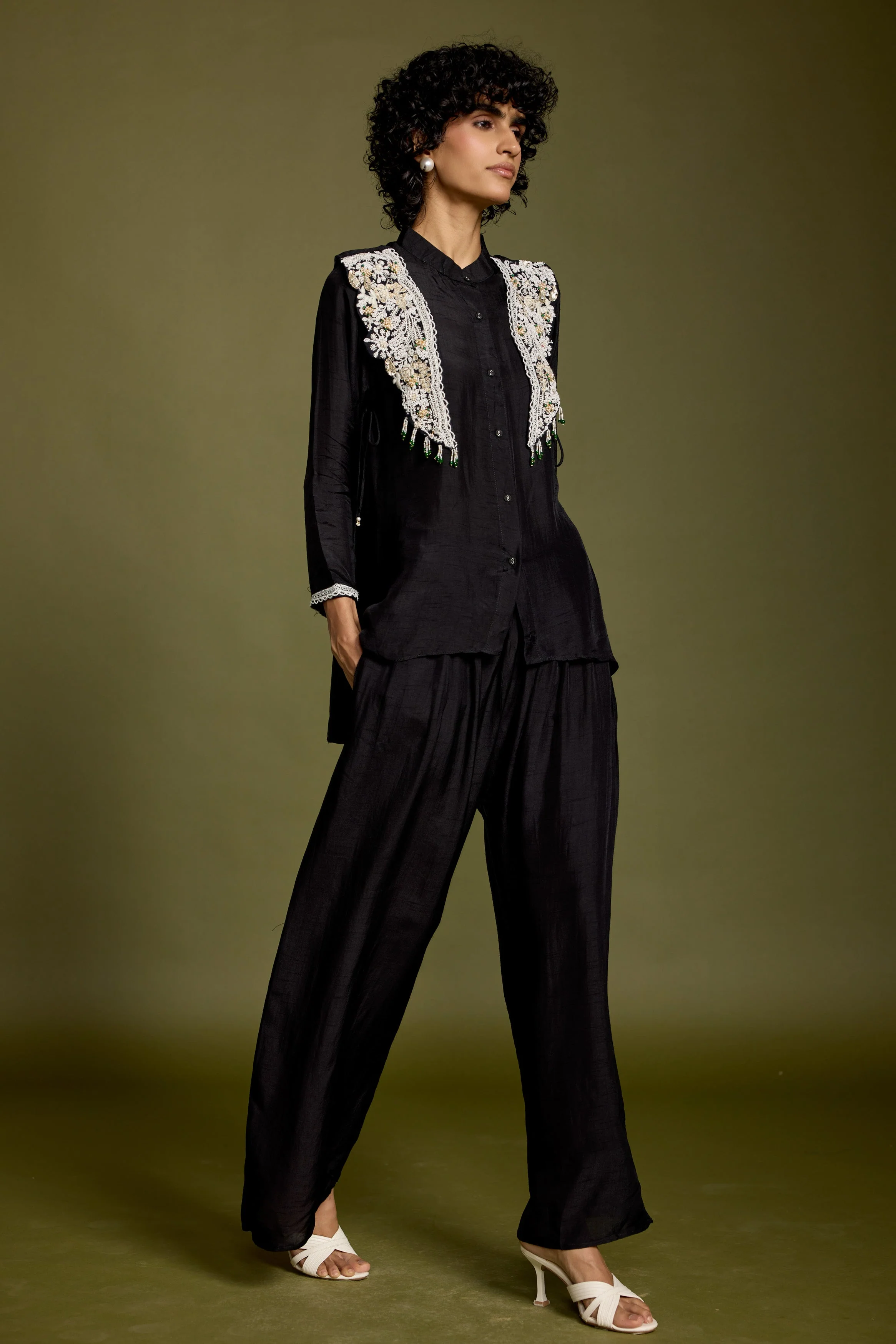 Rich Black Embellished Raw Silk Co-Ord Set - Image 5