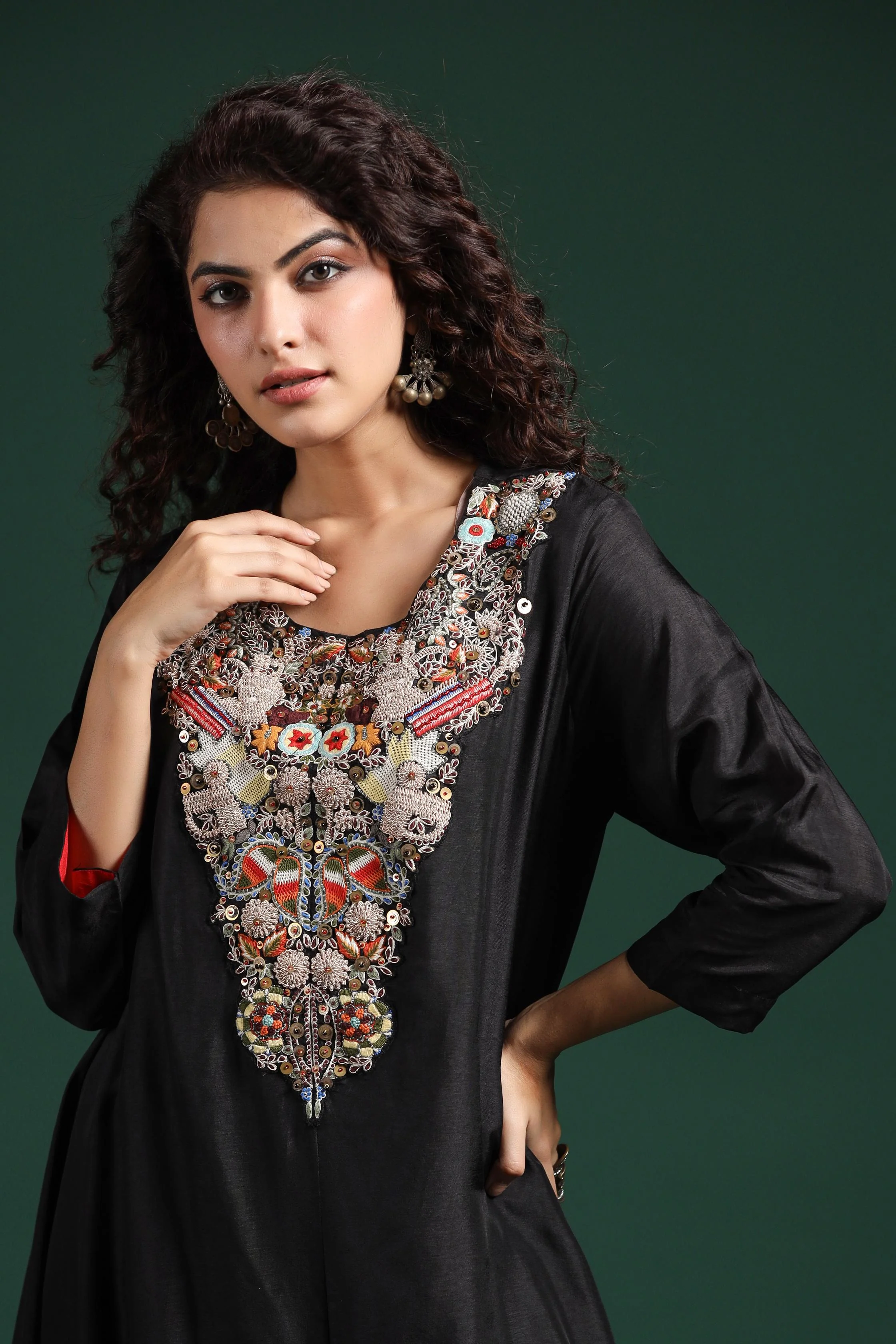 Black Embroidered Premium Silk Skirt Set - Image 2