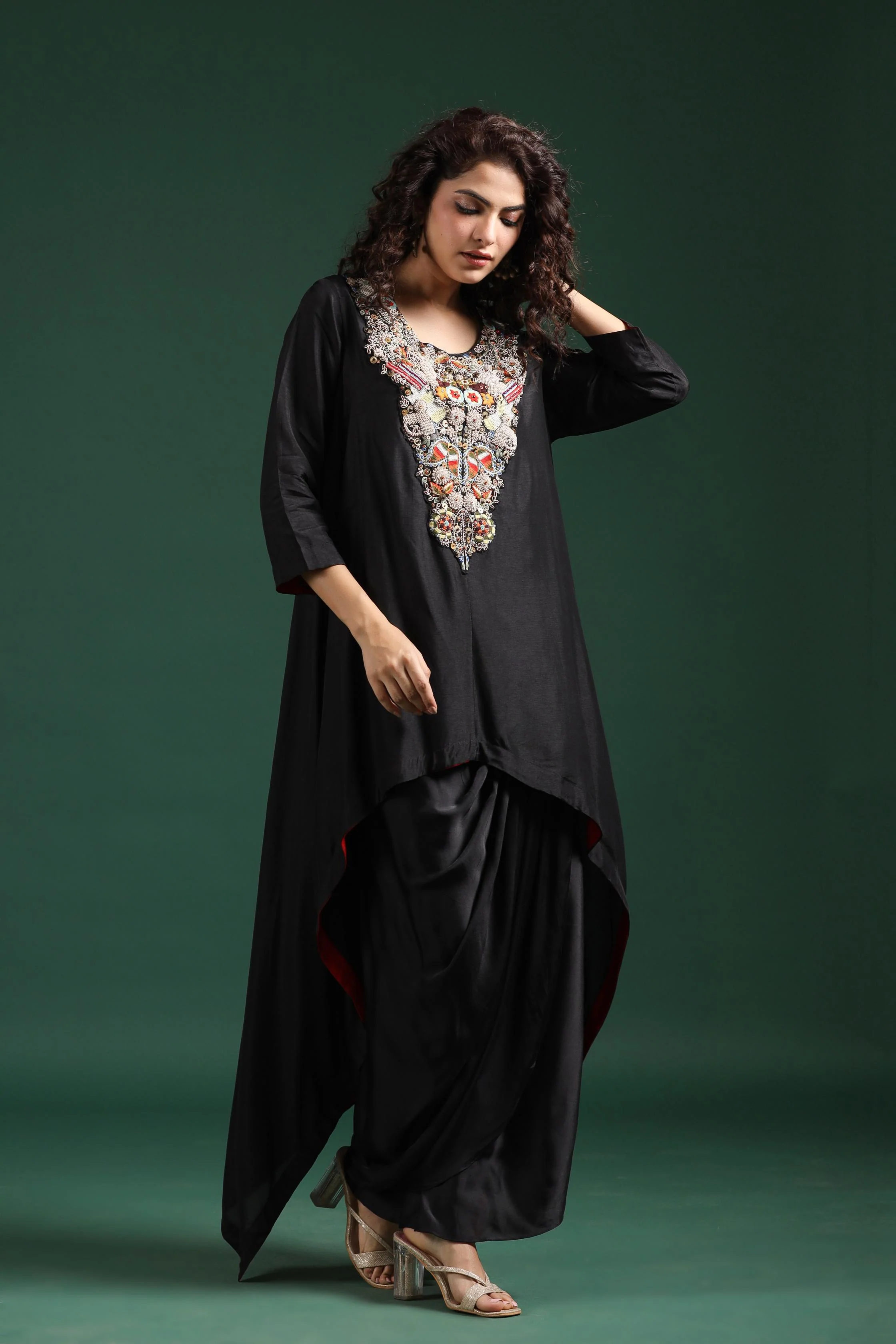 Black Embroidered Premium Silk Skirt Set - Image 3