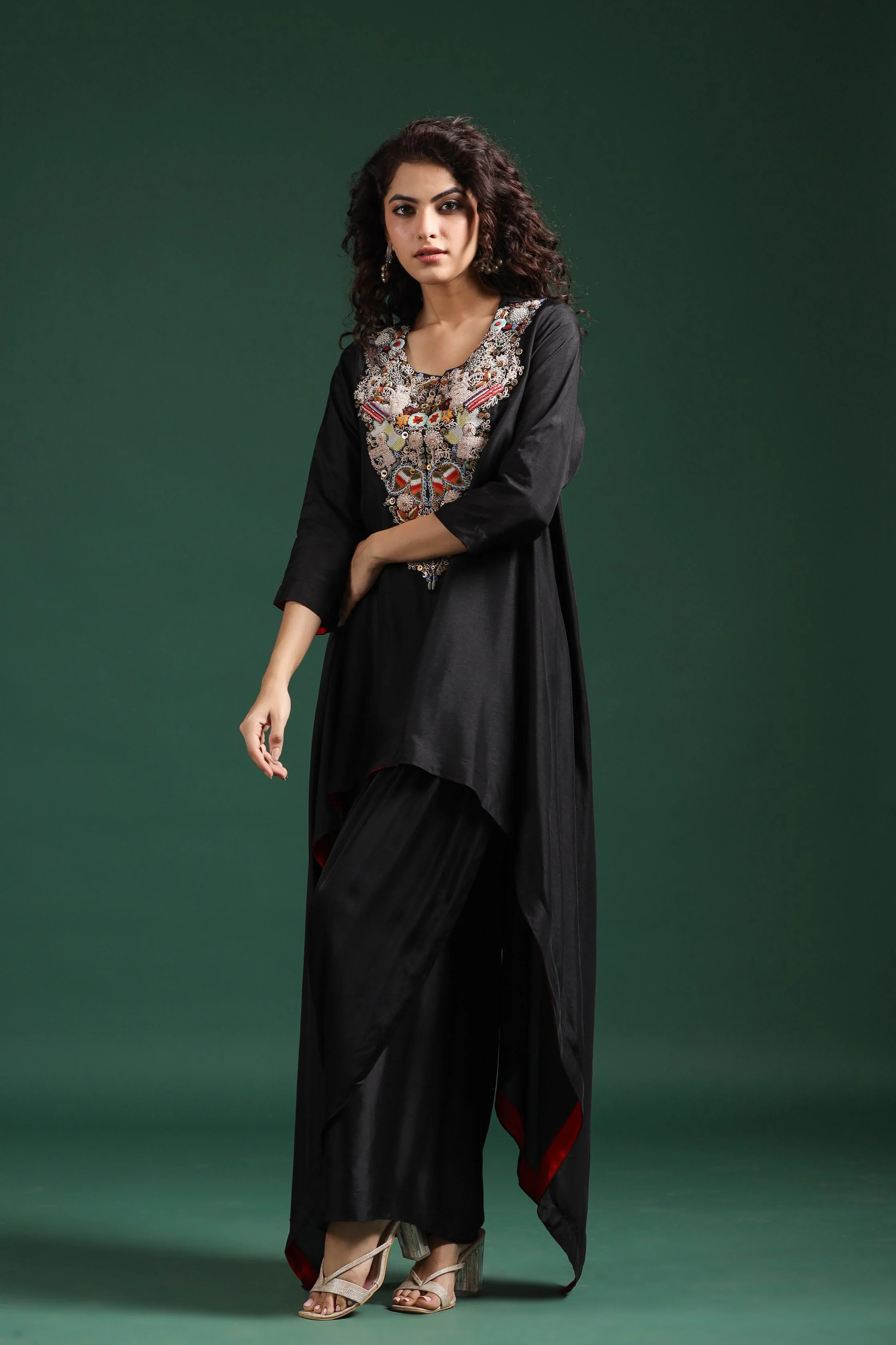 Black Embroidered Premium Silk Skirt Set - Image 4