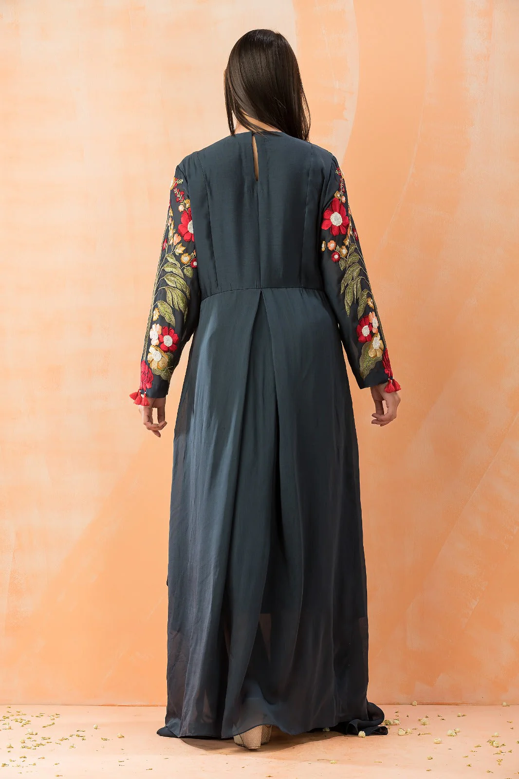Black Embroidered Pure Silk Gown - Image 3