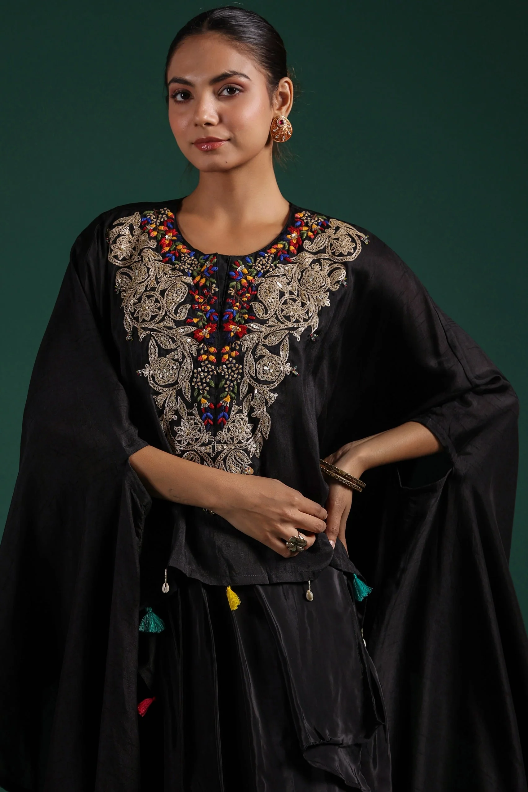 Black Embroidered Raw Silk Draped Skirt Set - Image 2