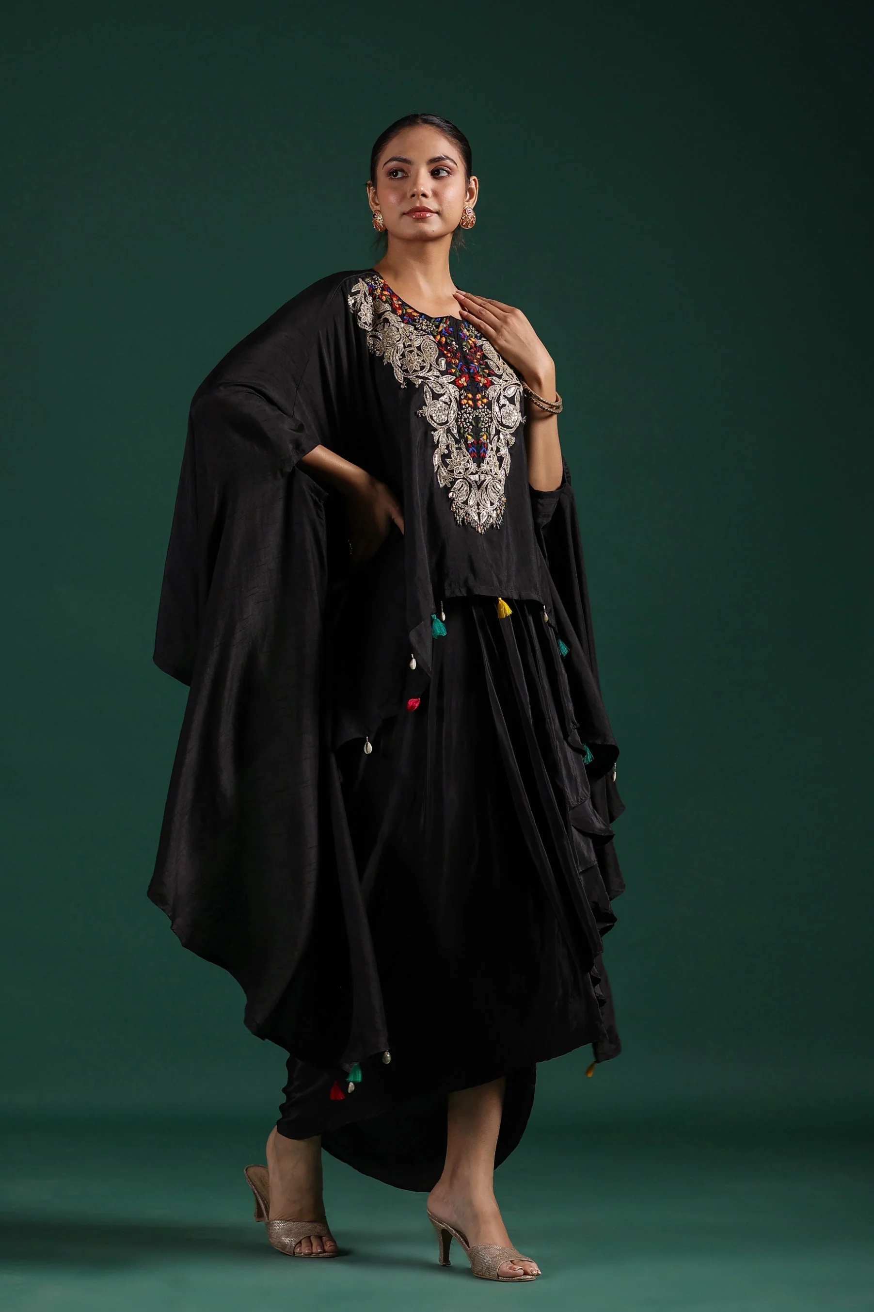 Black Embroidered Raw Silk Draped Skirt Set - Image 3