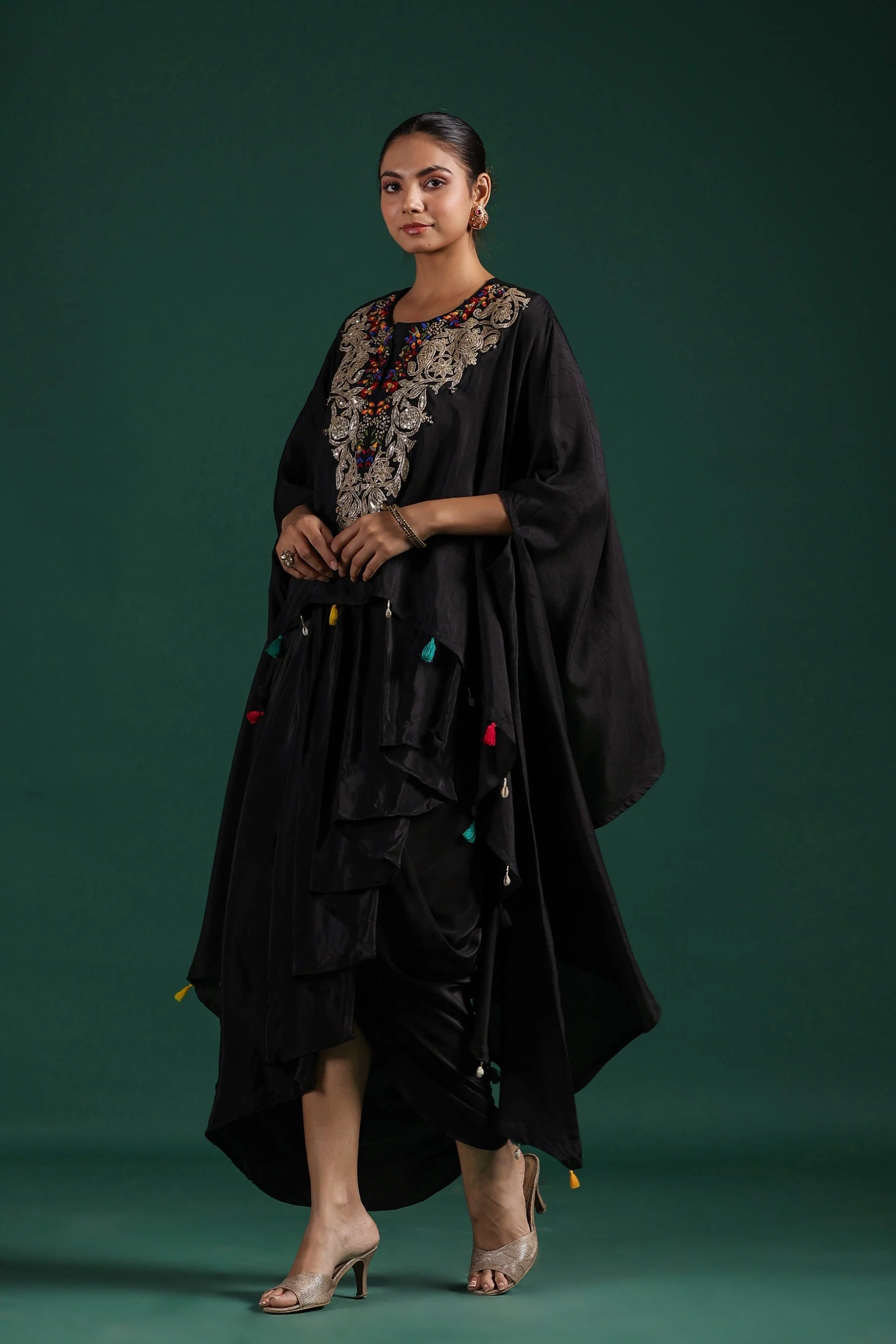 Black Embroidered Raw Silk Draped Skirt Set - Image 4