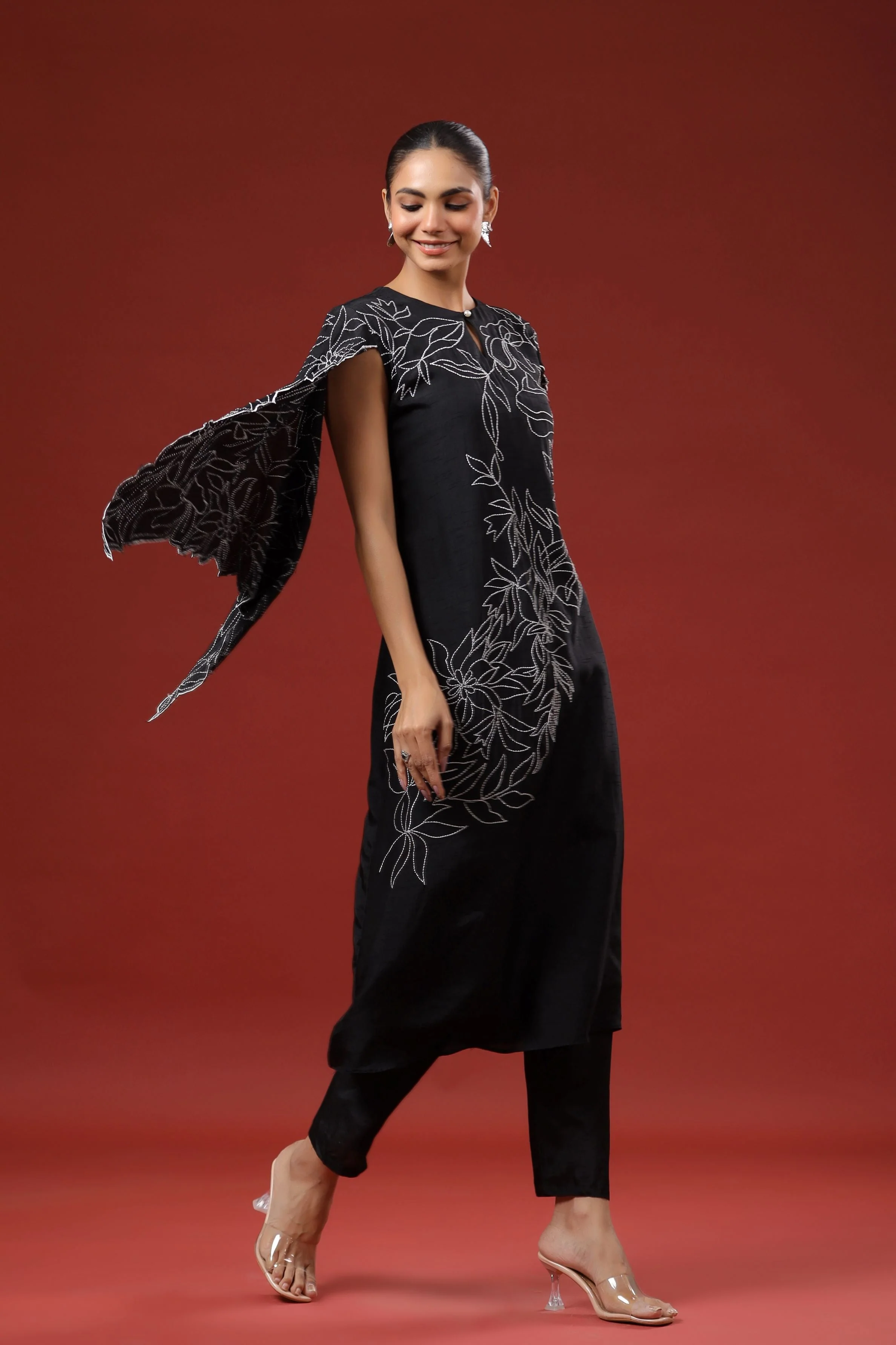 Black Embroidered Raw Silk Kurta Set - Image 3