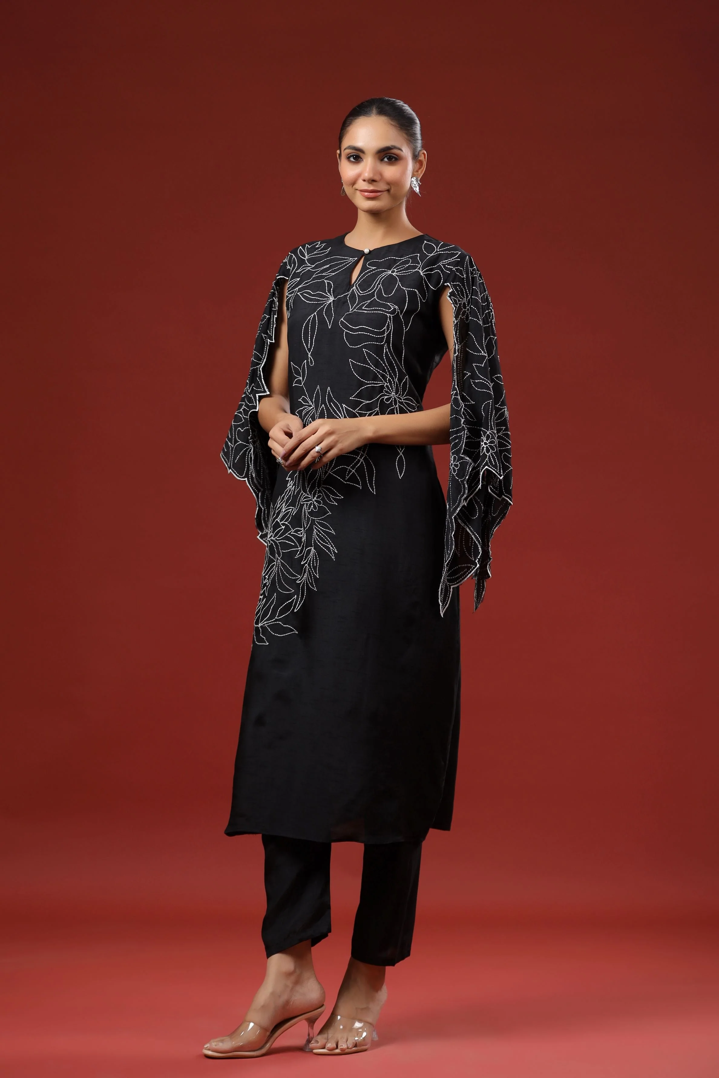 Black Embroidered Raw Silk Kurta Set - Image 4