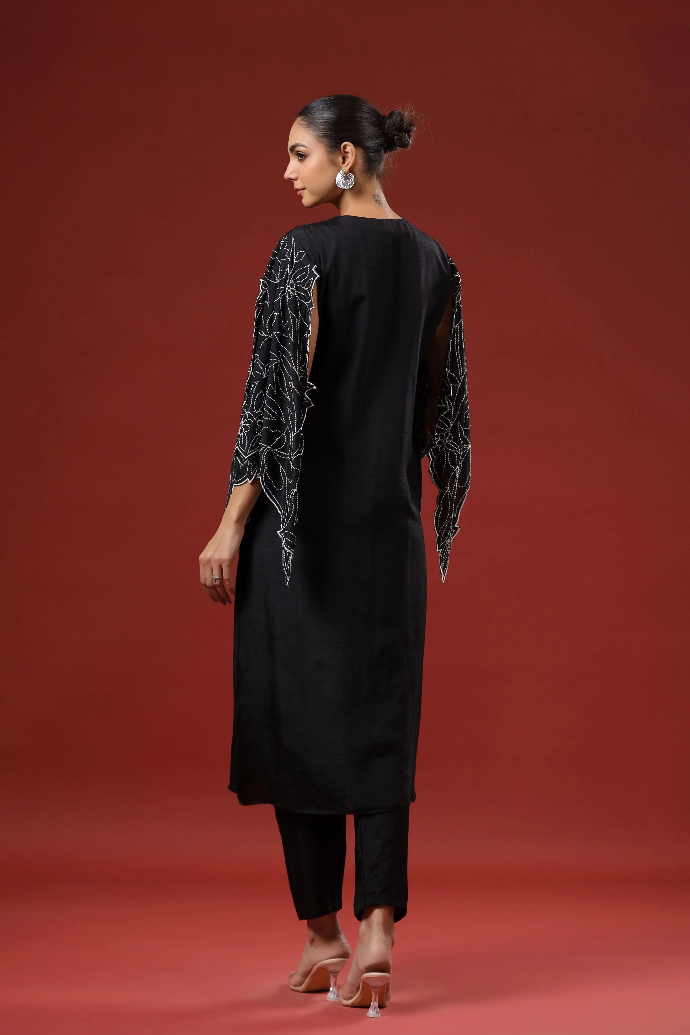 Black Embroidered Raw Silk Kurta Set - Image 5