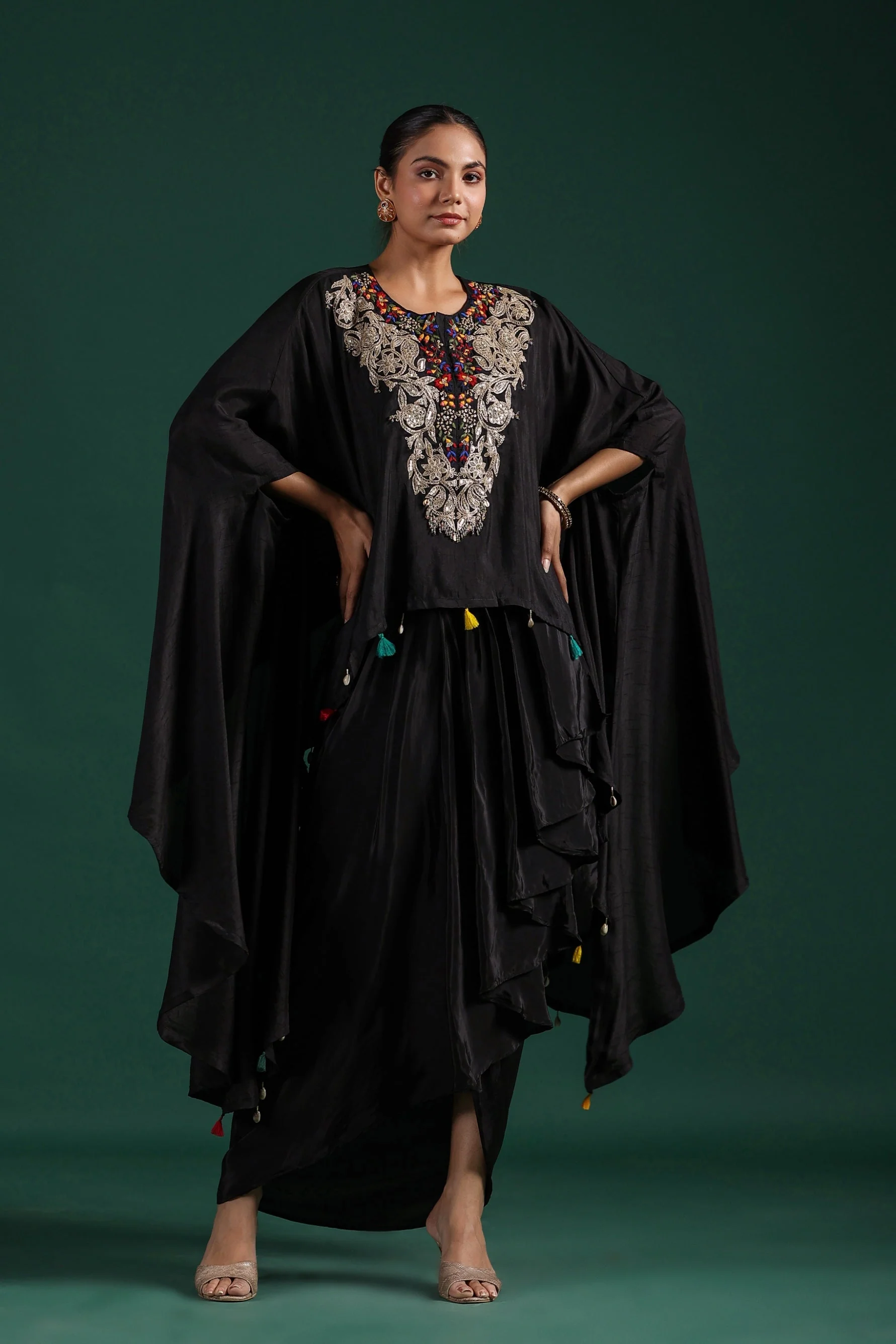 Black Embroidered Raw Silk Skirt Set - Image 3