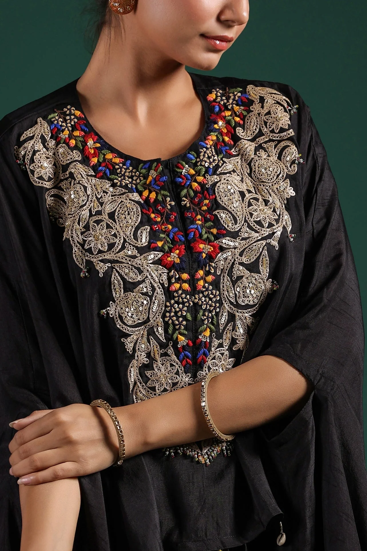Black Embroidered Raw Silk Skirt Set - Image 5