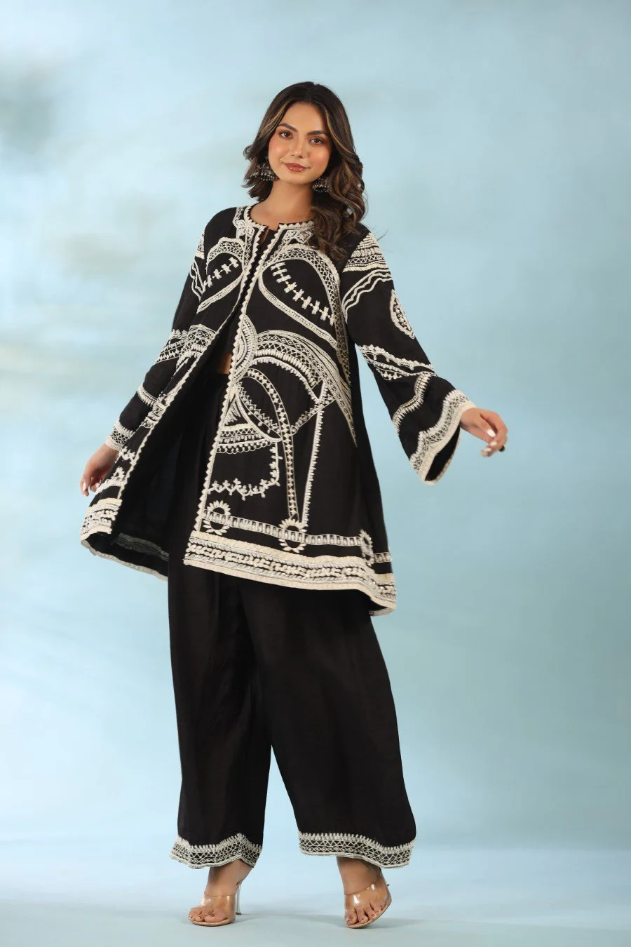 Black Embroidered Tunic with Palazzo Pants - Image 3