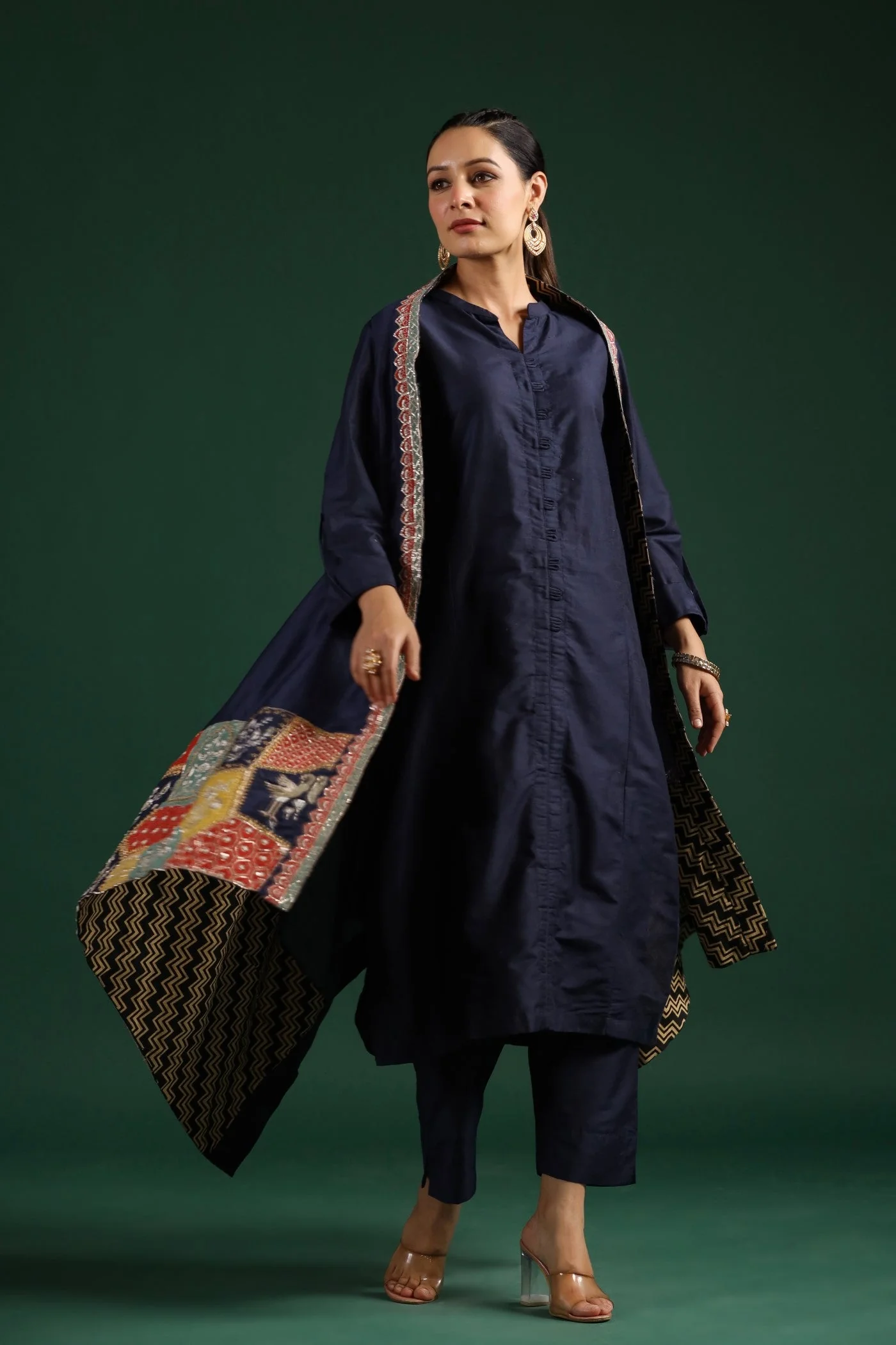 Black Ethnical Embroidered Dola Silk Cape Set - Image 3