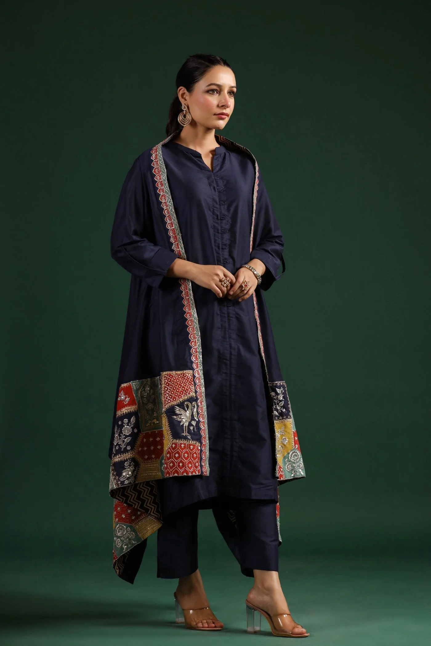Black Ethnical Embroidered Dola Silk Cape Set - Image 4