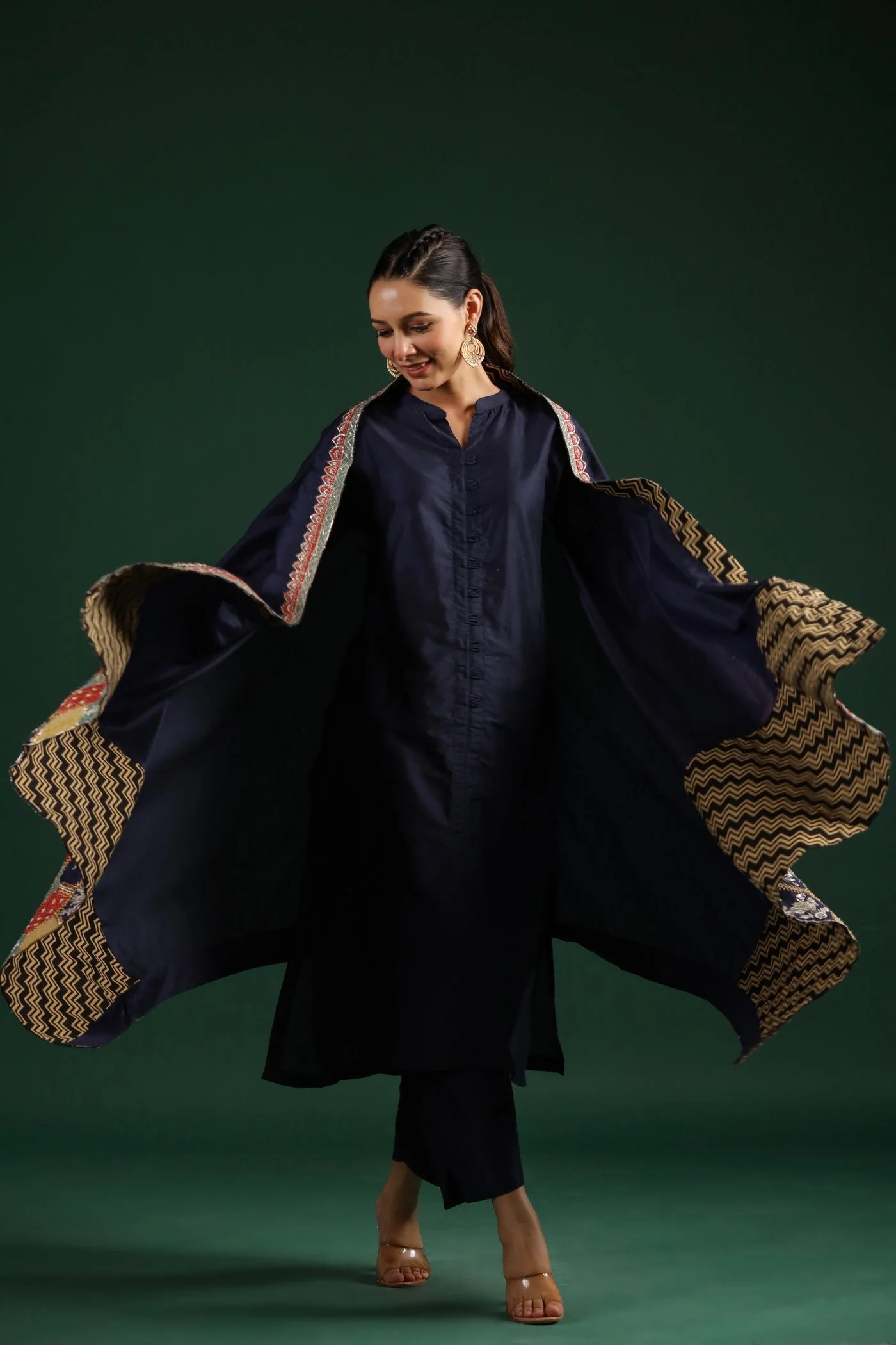 Black Ethnical Embroidered Dola Silk Cape Set - Image 5