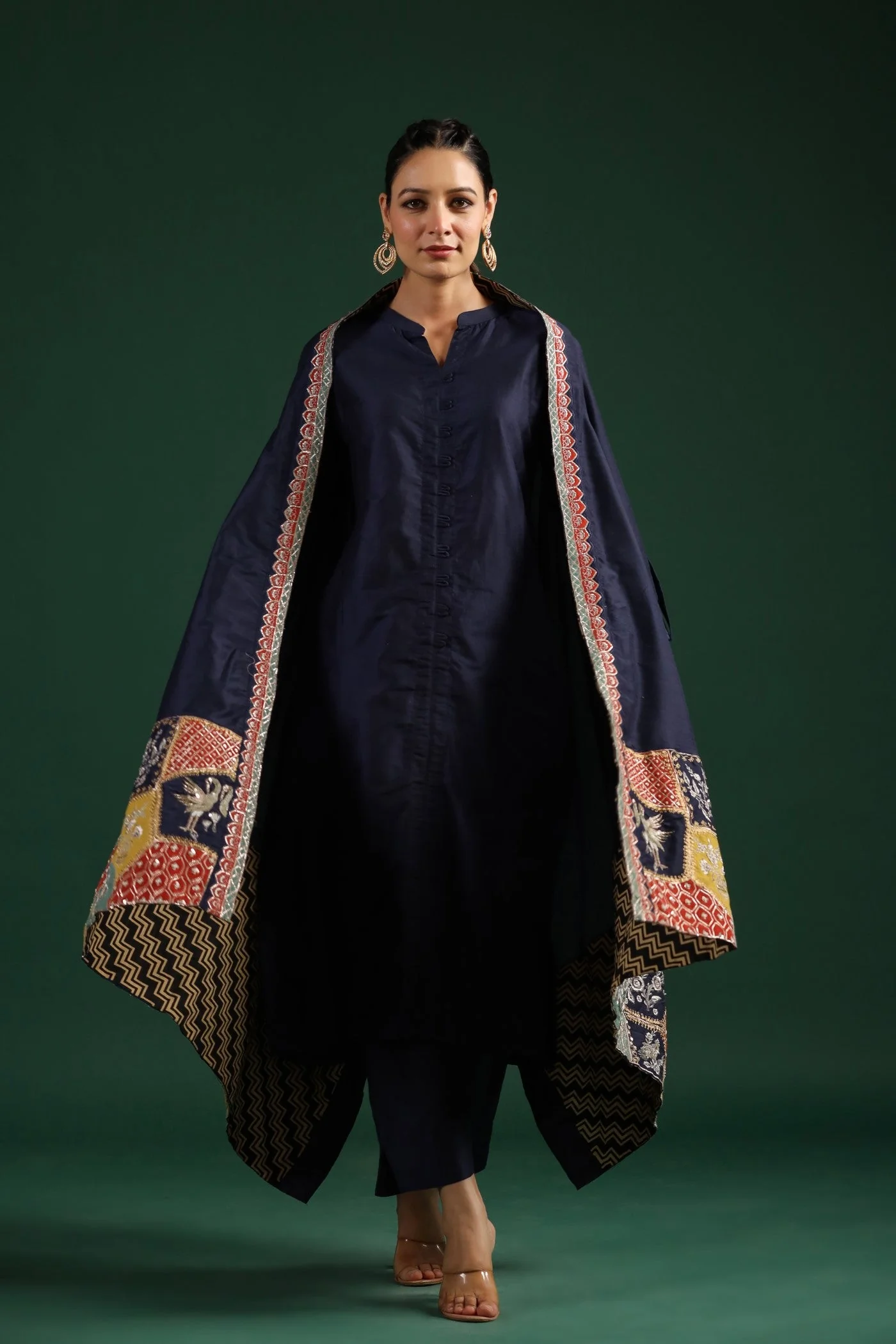 Black Ethnical Embroidered Dola Silk Cape Set - Image 6