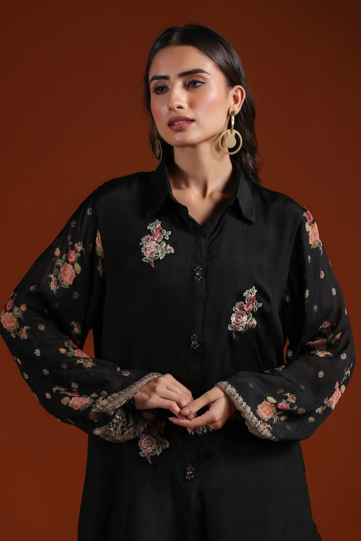 Black Floral Chinon Silk Co-ord Set - Image 2