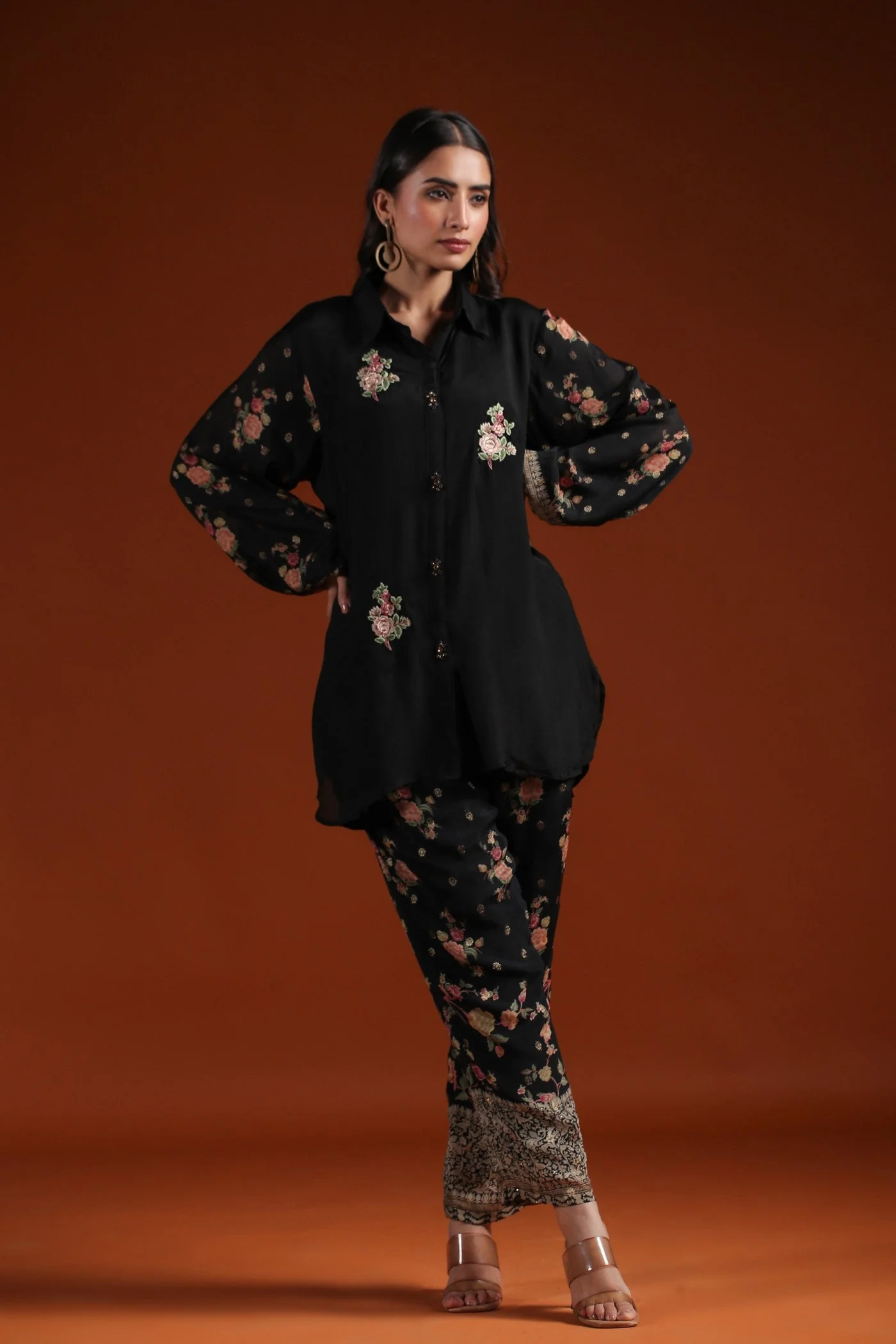 Black Floral Chinon Silk Co-ord Set - Image 3
