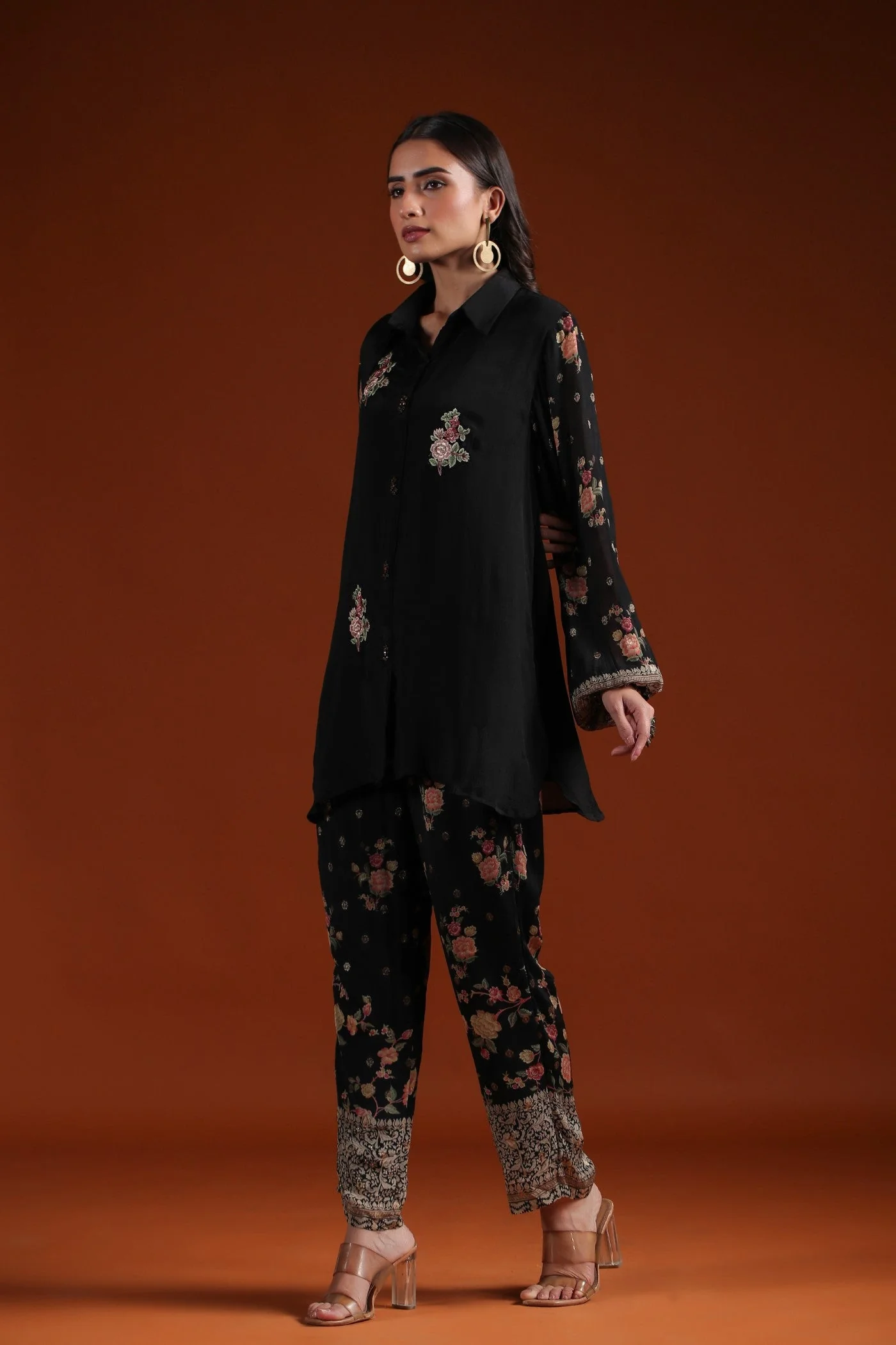 Black Floral Chinon Silk Co-ord Set - Image 4