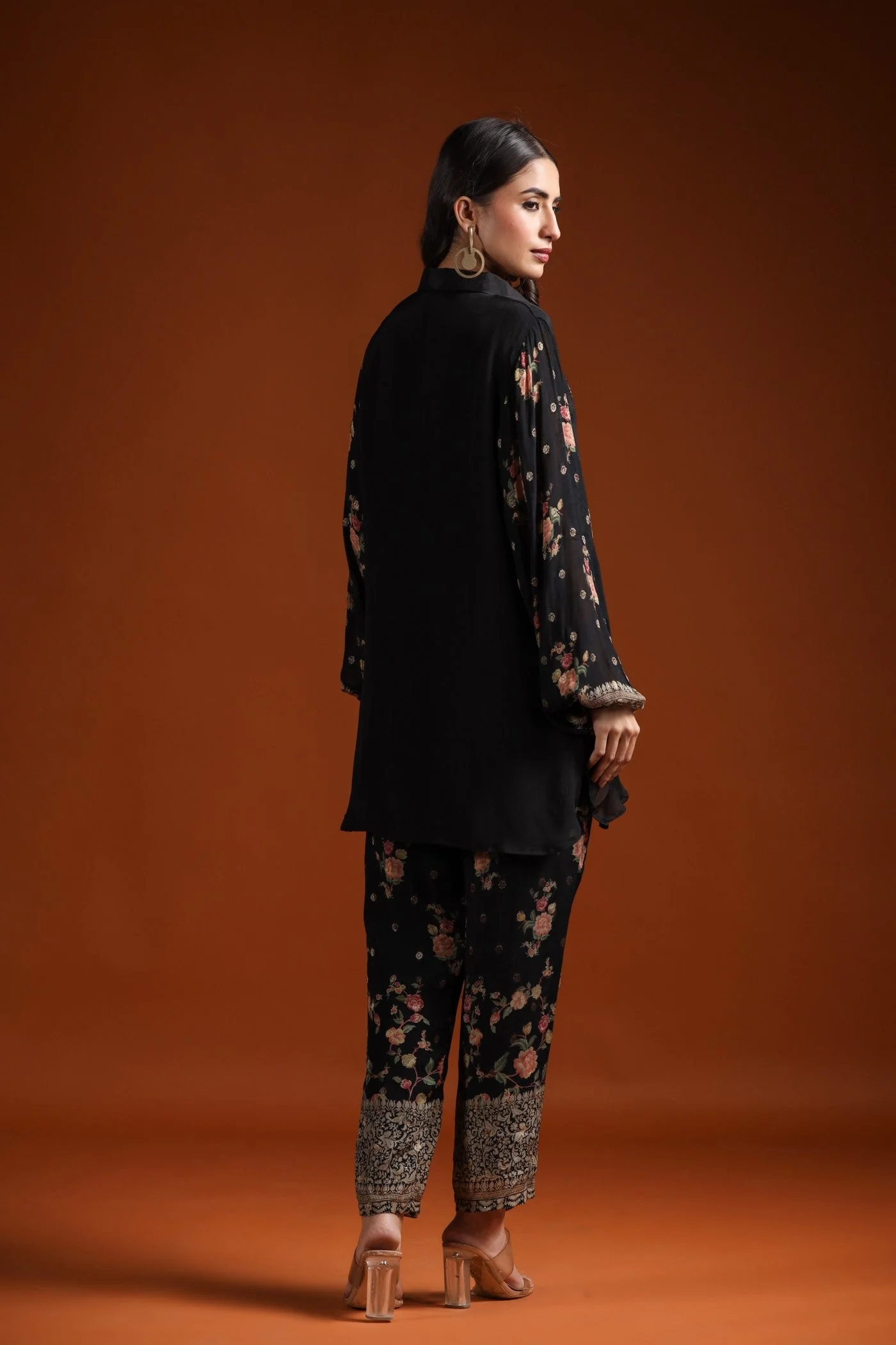 Black Floral Chinon Silk Co-ord Set - Image 5