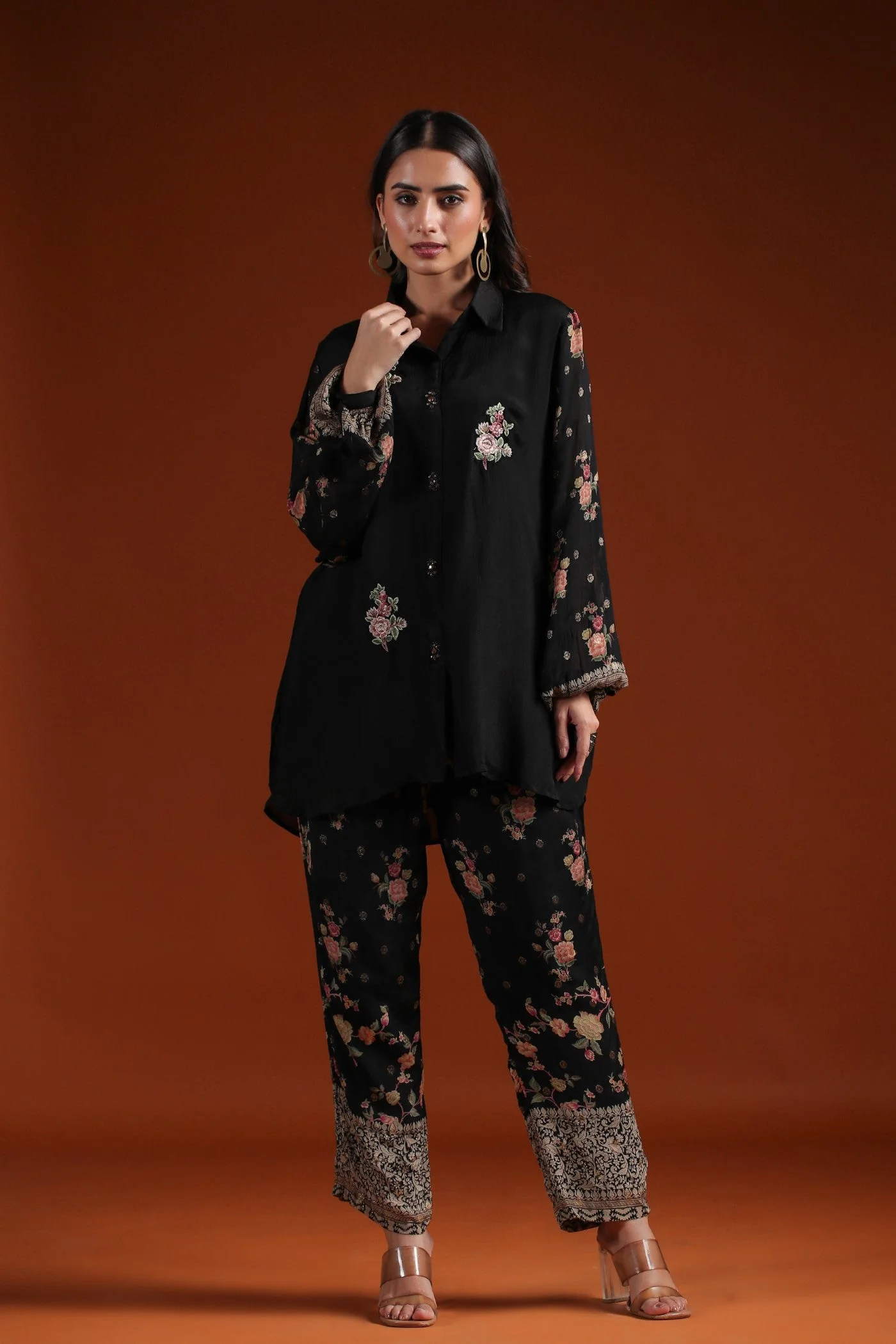 Black Floral Chinon Silk Co-ord Set - Image 6