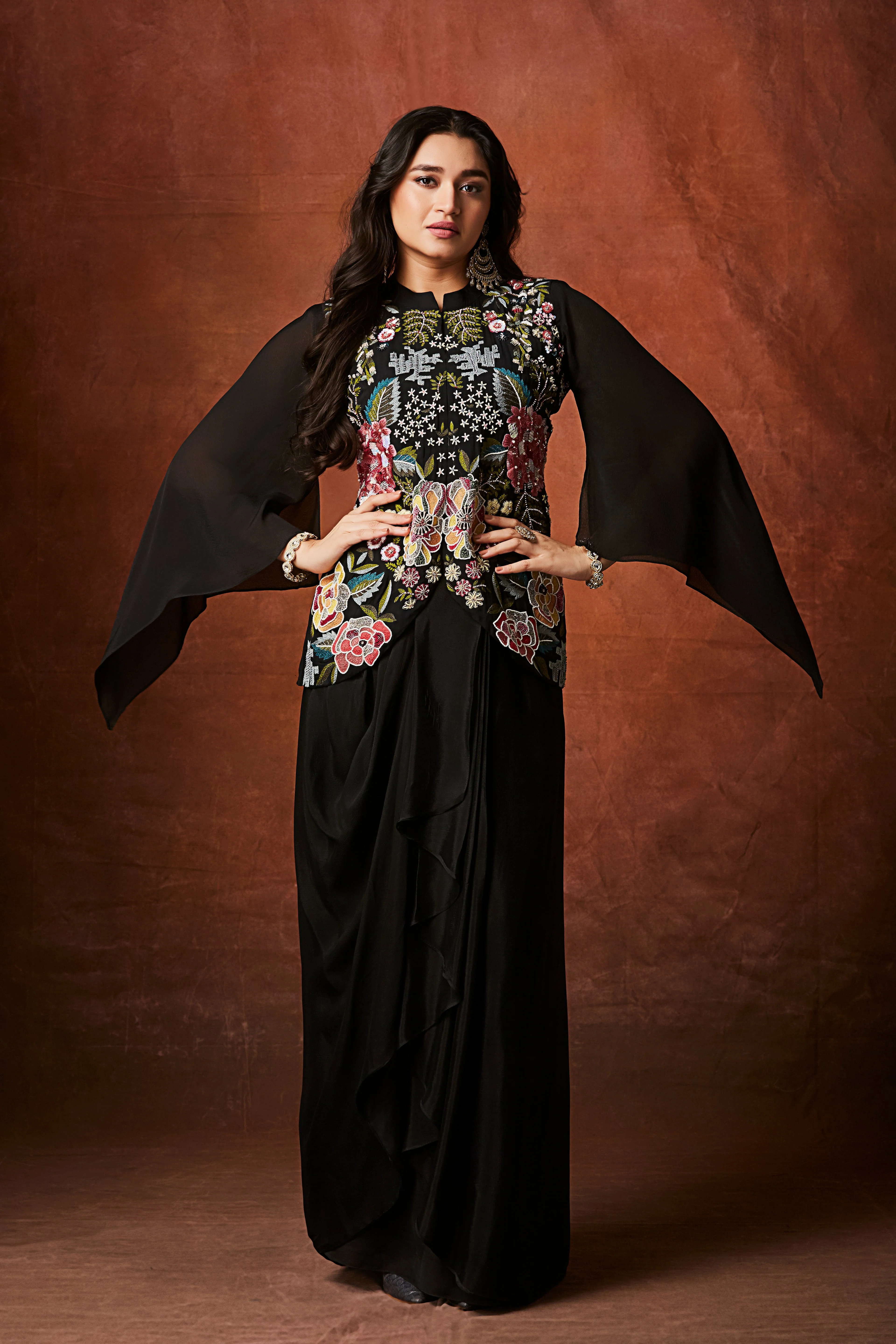 Classic Black Floral Embroidered Crepe Silk Skirt Set - Image 2