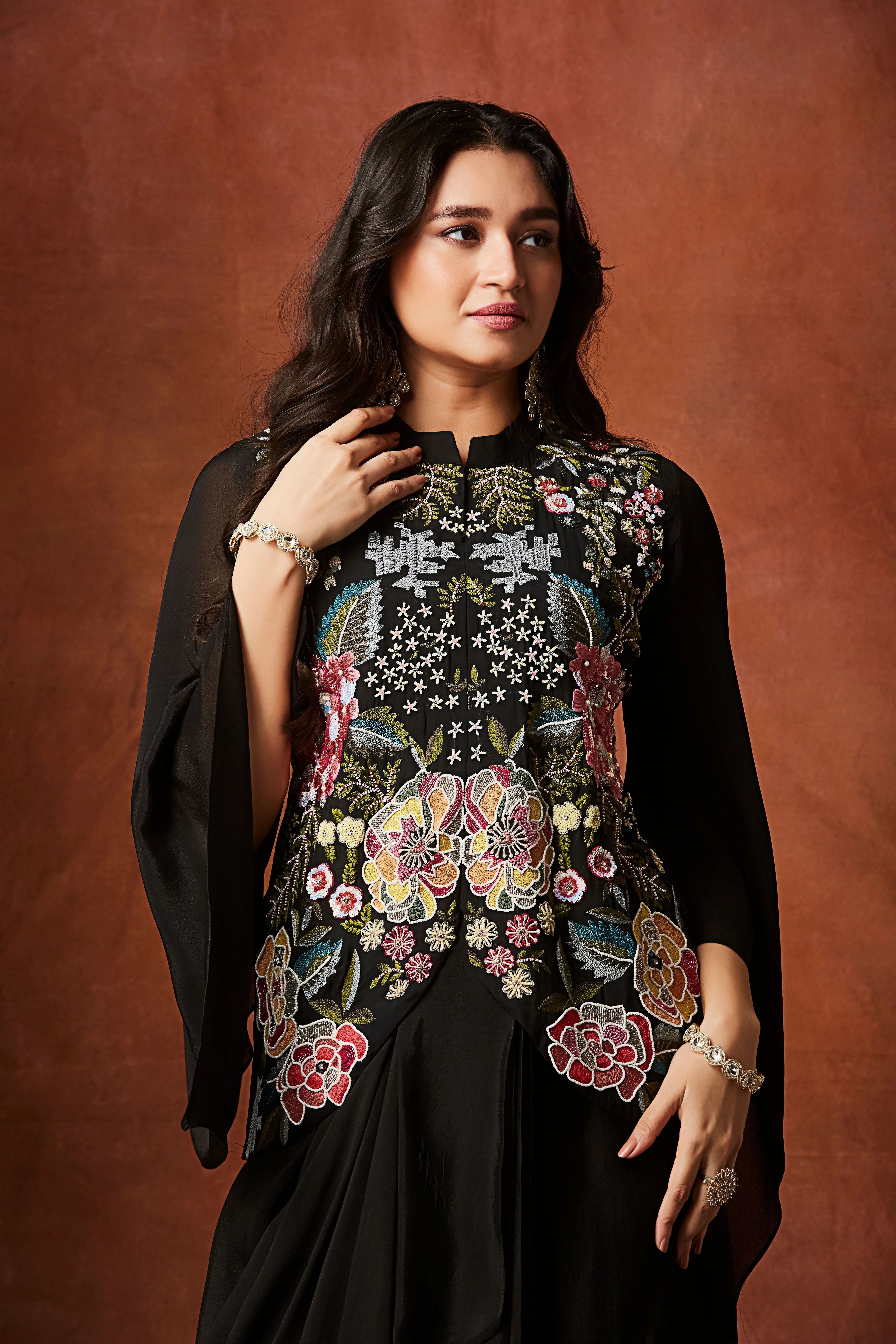 Classic Black Floral Embroidered Crepe Silk Skirt Set - Image 3