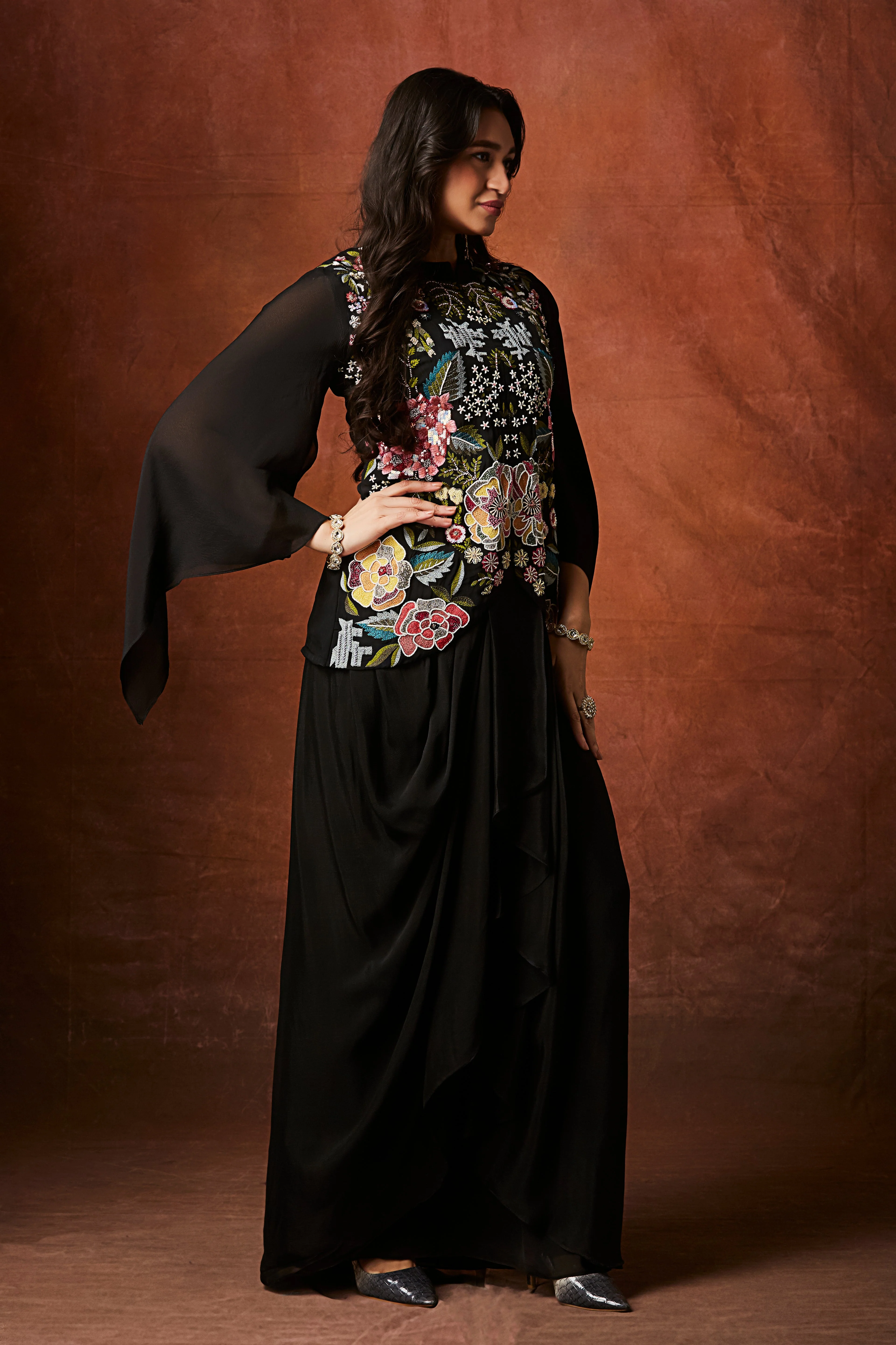 Classic Black Floral Embroidered Crepe Silk Skirt Set - Image 4