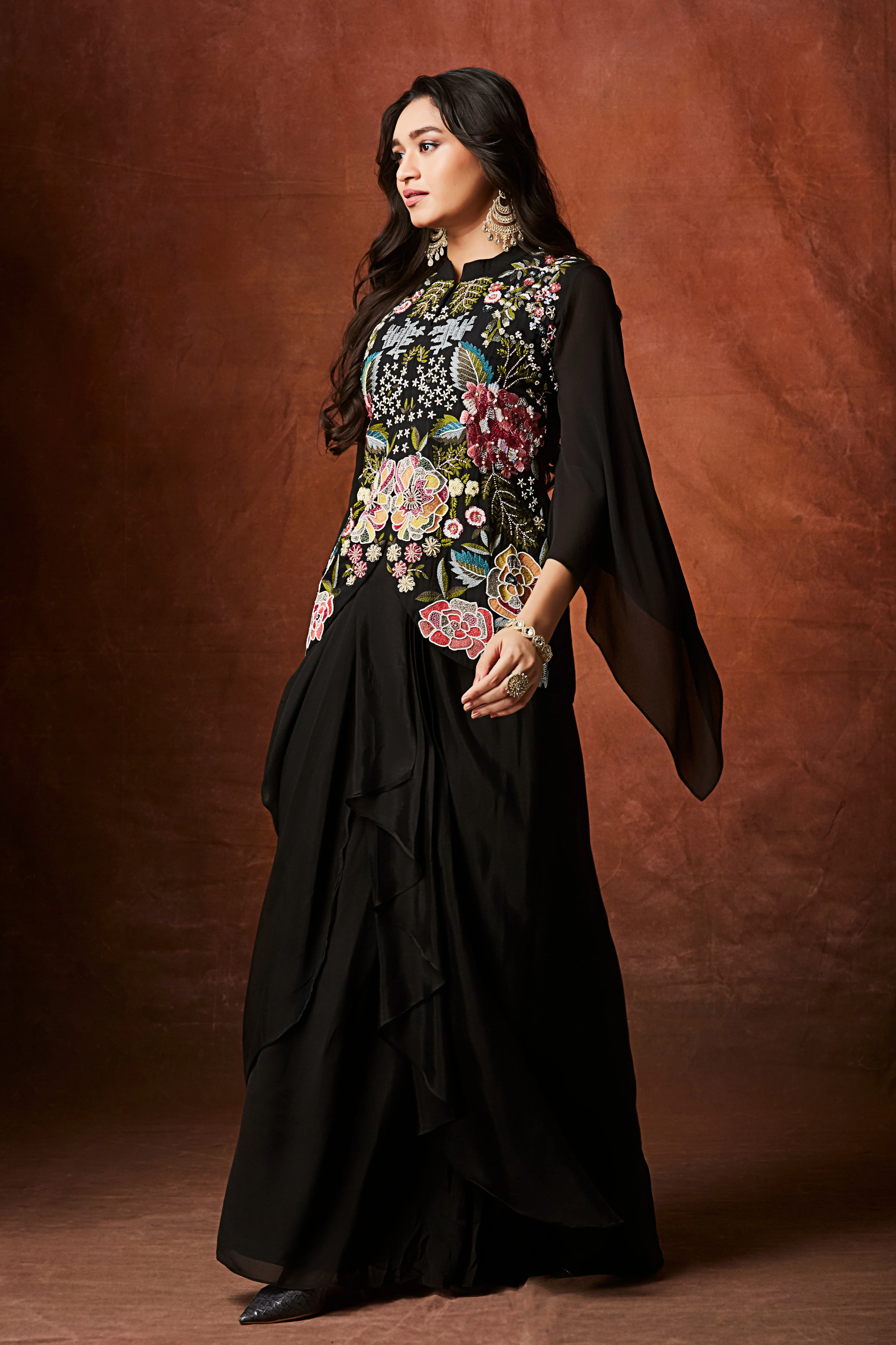 Classic Black Floral Embroidered Crepe Silk Skirt Set - Image 5