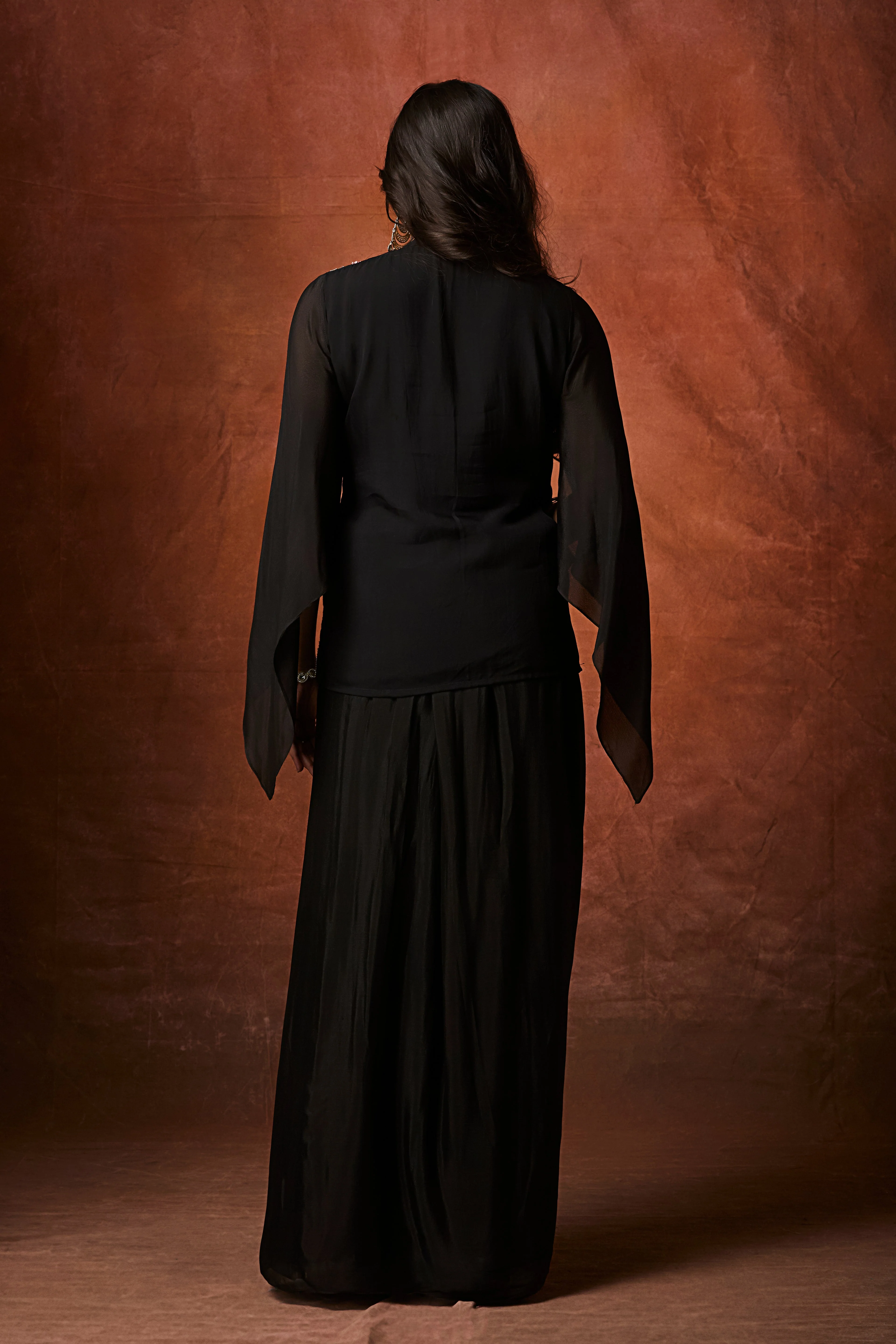 Classic Black Floral Embroidered Crepe Silk Skirt Set - Image 6