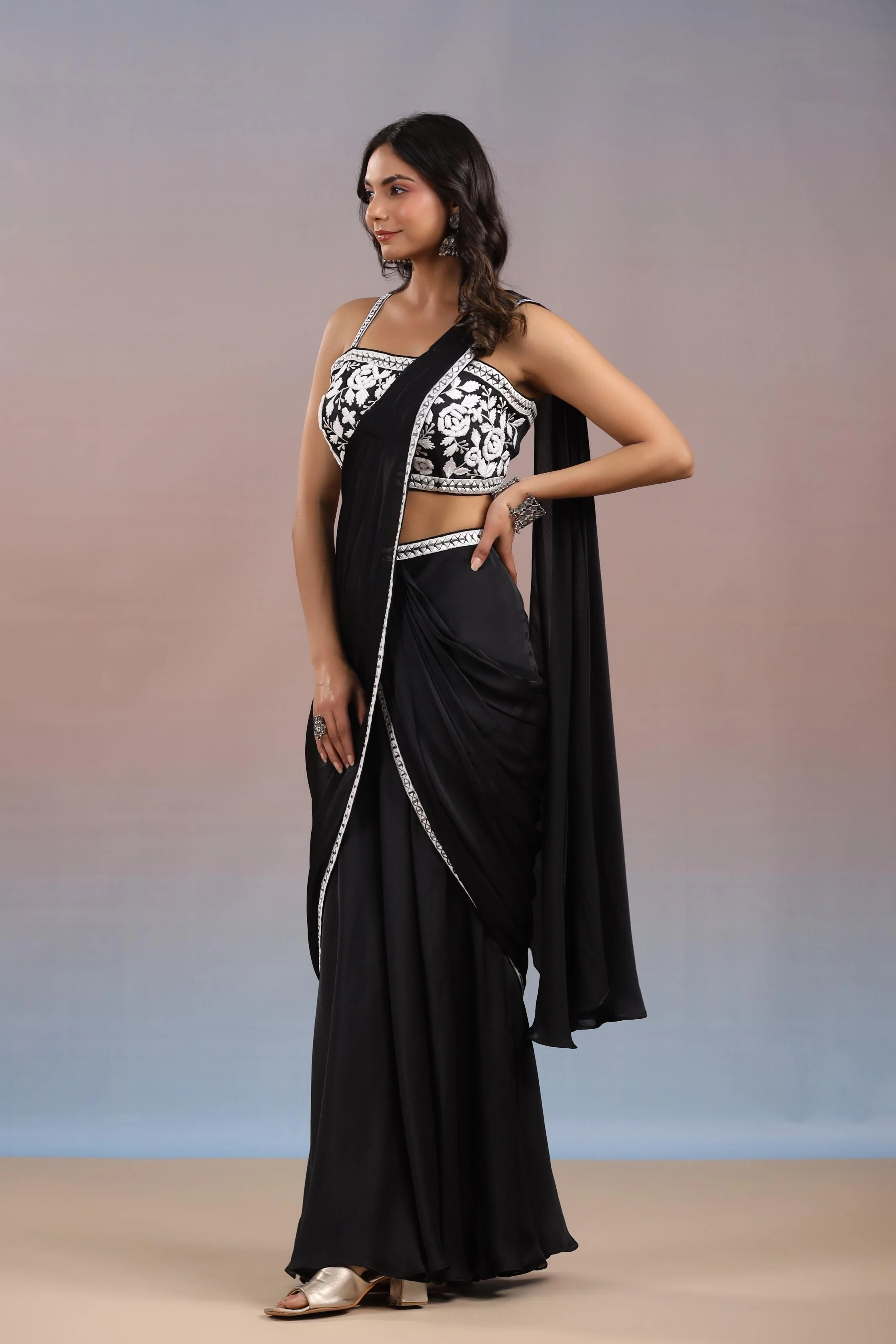 Black Floral Embroidered Premium Chinon Silk Draped Saree - Image 3