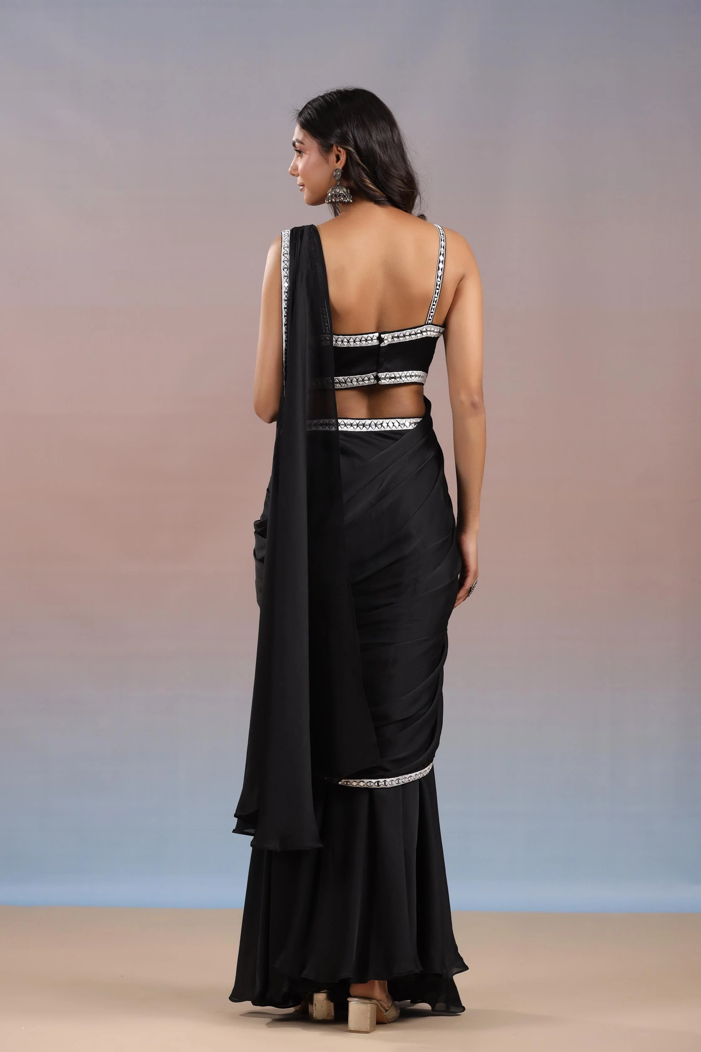 Black Floral Embroidered Premium Chinon Silk Draped Saree - Image 5