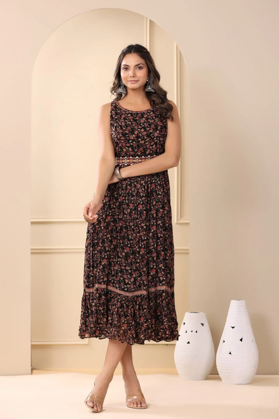 Black Floral Georgette Silk Dress - Image 3